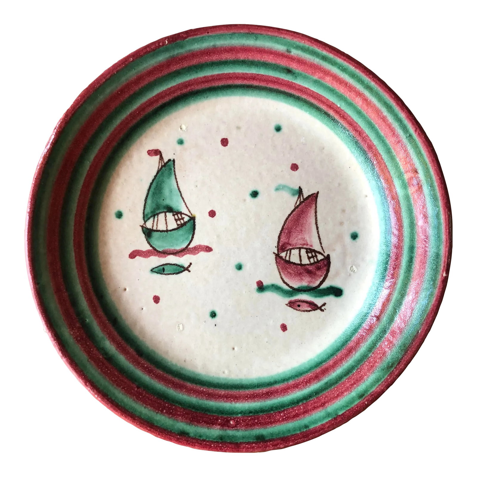 Italian Mid 20th Century Nautical Scene Stoneware Centrepiece Plate: Mid century Italian stoneware centrepiece plate hand painted in shades of green and pink, with sailboats and fish swimming in the sea. Condition: Alterations: Original Condition Unaltered
