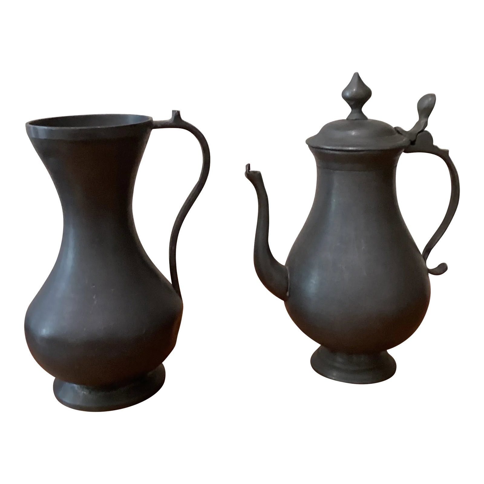 Vintage Foca Oosterbeek Netherlands Pewter Pitcher and Coffee Pot Set- 2 Pieces: Vintage Foca Oosterbeek Netherlands Pewter Pitcher and Coffee Pot Set This rustic-looking pewter pitcher features a footed base and a nicely curved handle with a thumb rest. It was made by Foca