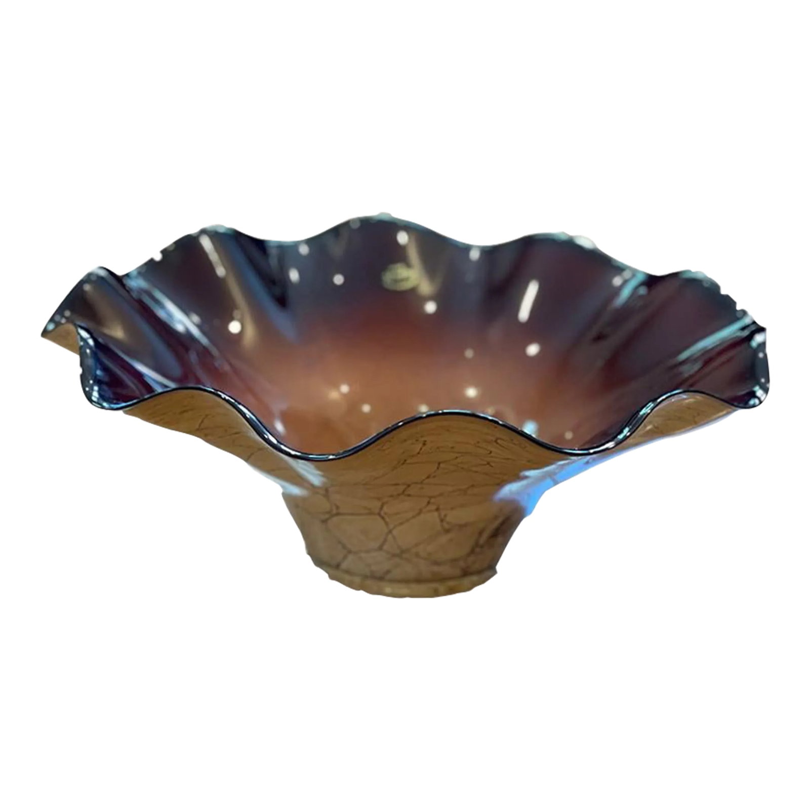 Late 20th Century Vintage Hand-Blown Jozefina Ruffled Art Glass Plum- and Champagne-Colored Bowl: Stunning, one-of-a-kind, elegant, centerpiece art glass bowl with ruffled edges. Inside of bowl features a beautiful plum fading as it reaches the middle. The outside has a wonderful crackled pattern