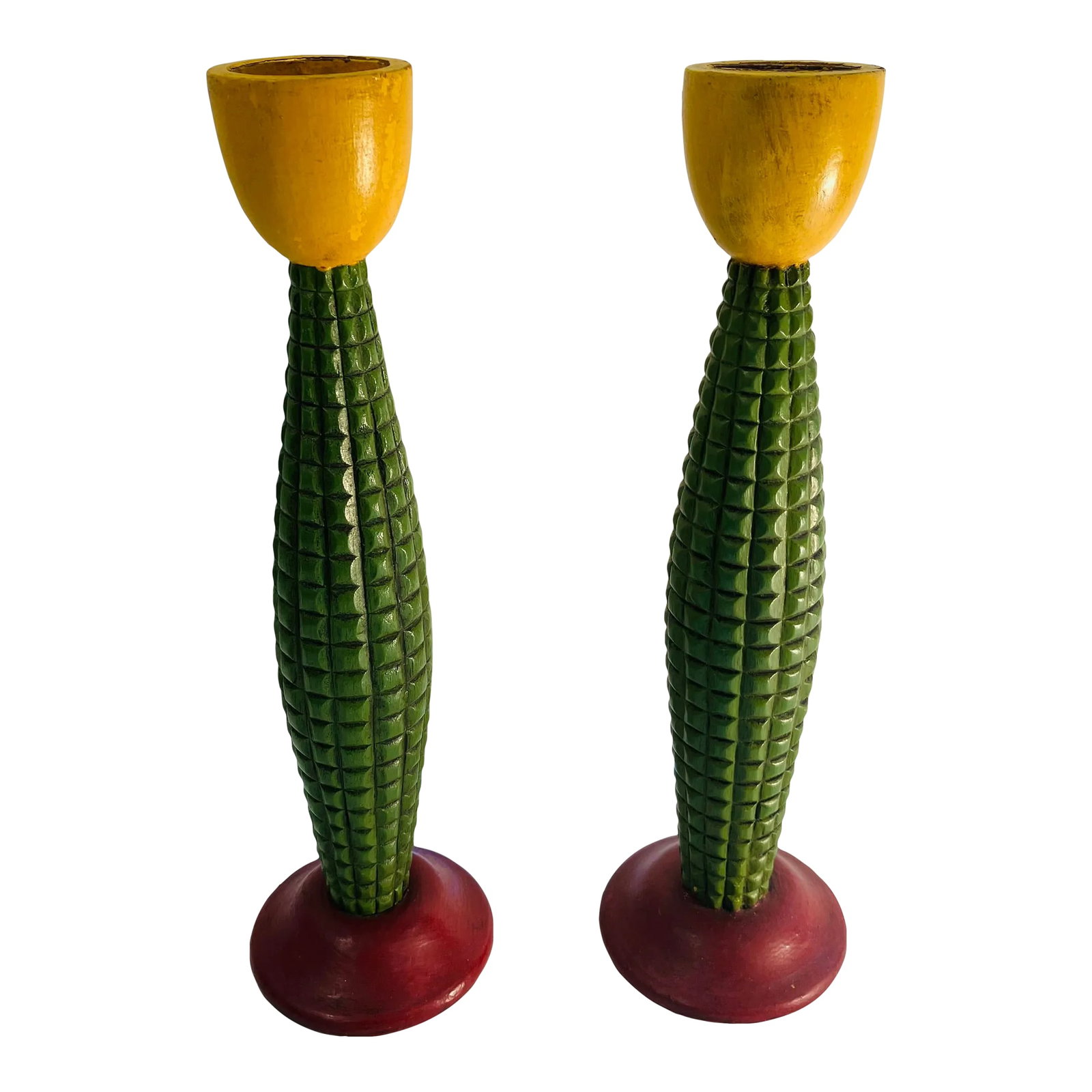 Pair of 1980s Memphis Style Candlestick Holders: This pair of carved wood painted candle sticks are signed Foreside The paint is original Definitely Memphis style Condition: Alterations: Original Condition Unaltered Imperfections: Some