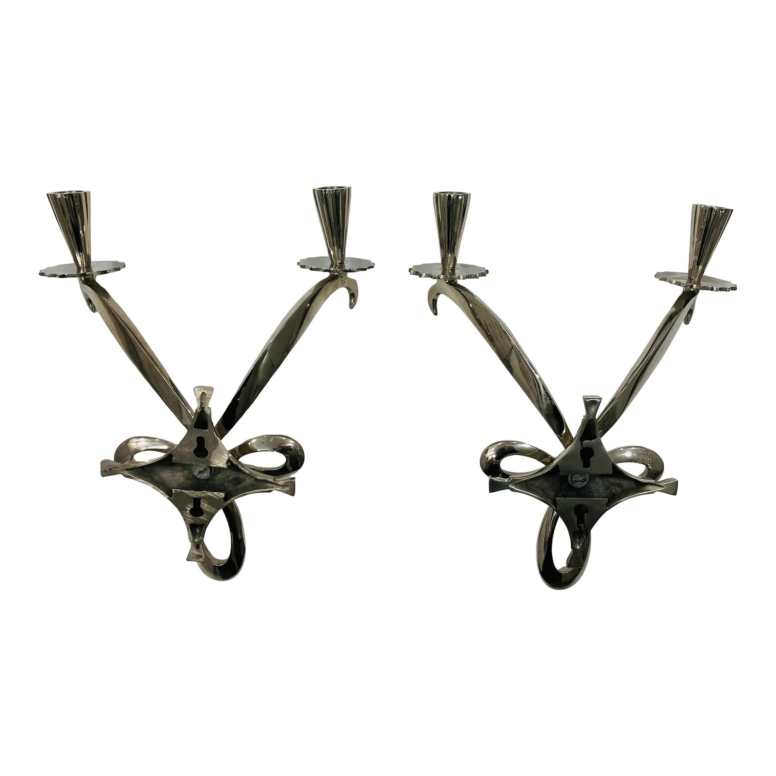 Pair of 1990s Global Views Style Sconces: This pair of solid brass sconces are chrome plated. The design is a transitional between contemporary & traditional Condition: Alterations: Original Condition Unaltered Imperfections: Some