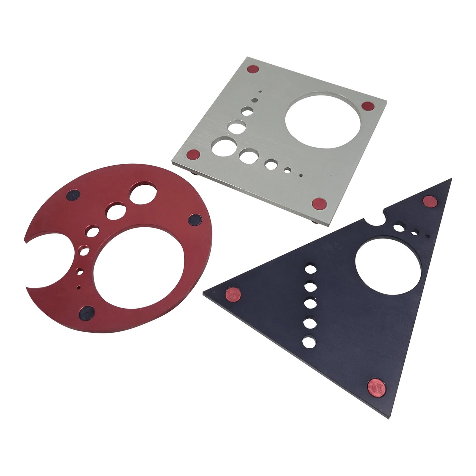1980s Postmodern Trivets- Set of 3: A trio of abstract postmodern trivets. Made of machined Aluminum. This really unique set is one of a kind amd rare. From a high end mid century estate, and are believed to be custom made. All have a h