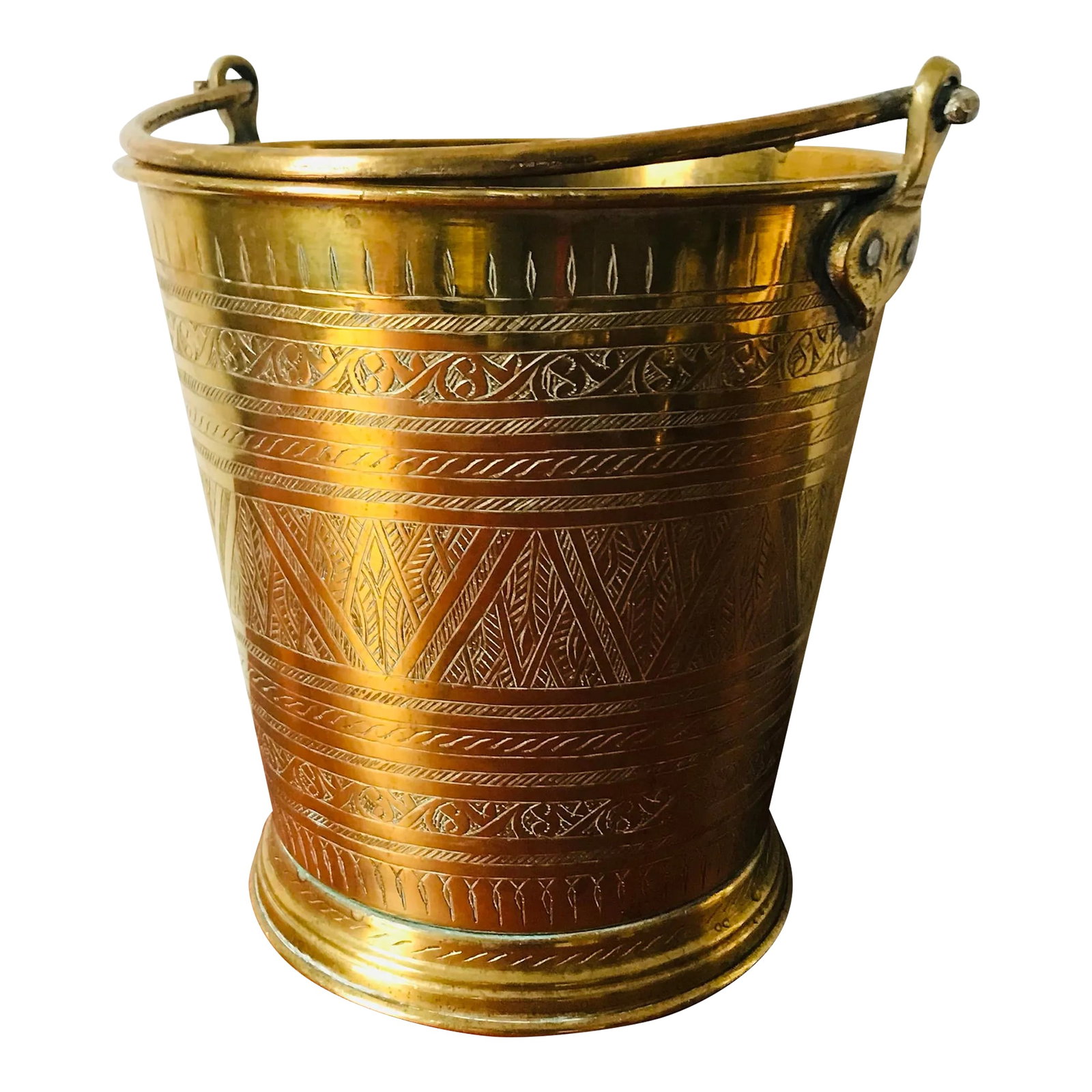 Charming Geometric Etched Vintage Brass Water Bucket: Originally used as a water bucket (we think!), this vintage brass bucket is detailed with an elegant etched pattern and can be used as a rustic cachepot, ice bucket, or decorative storage accent.