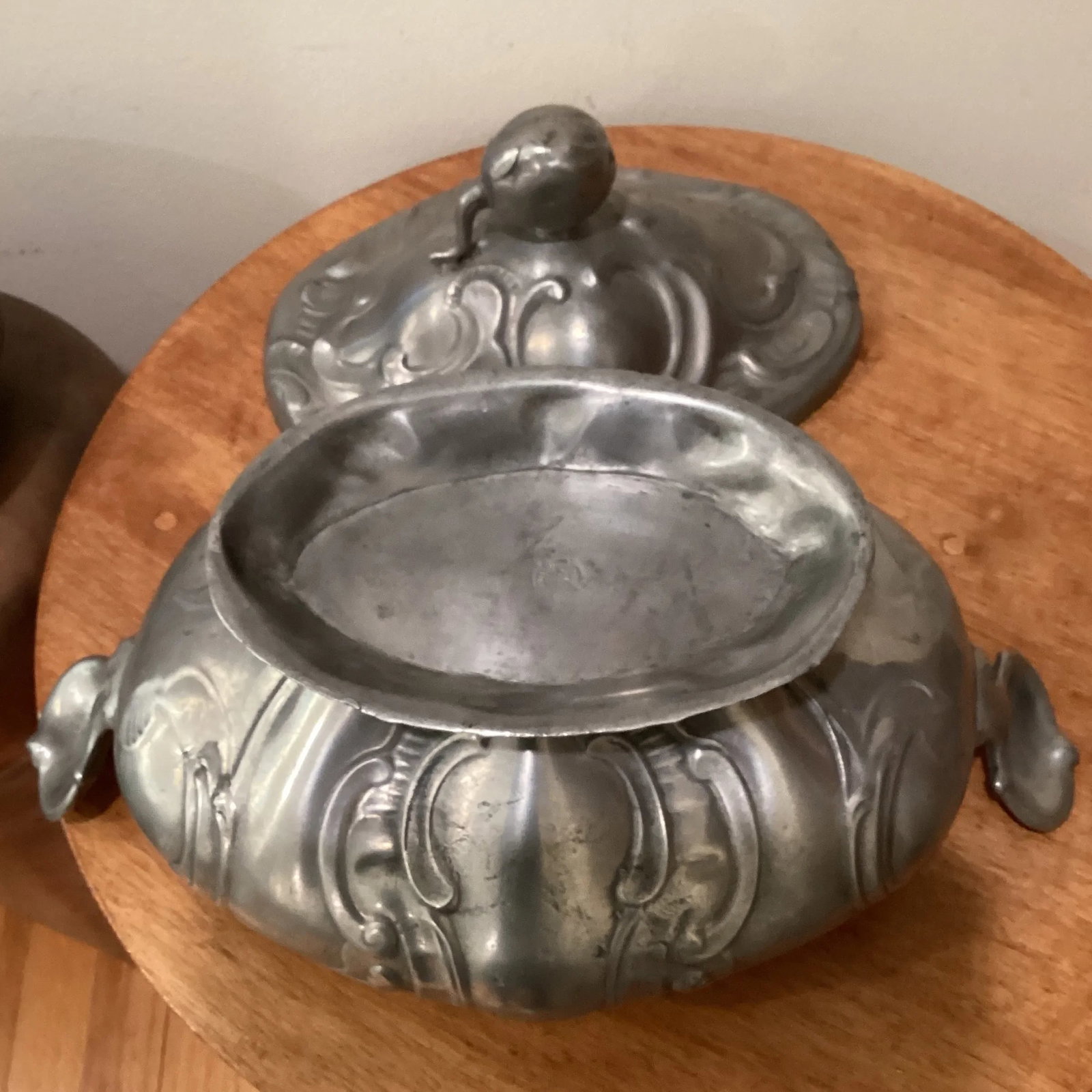 Antique 19th Century Rococo Style Pewter Tureen Angel Mark Germany - 11