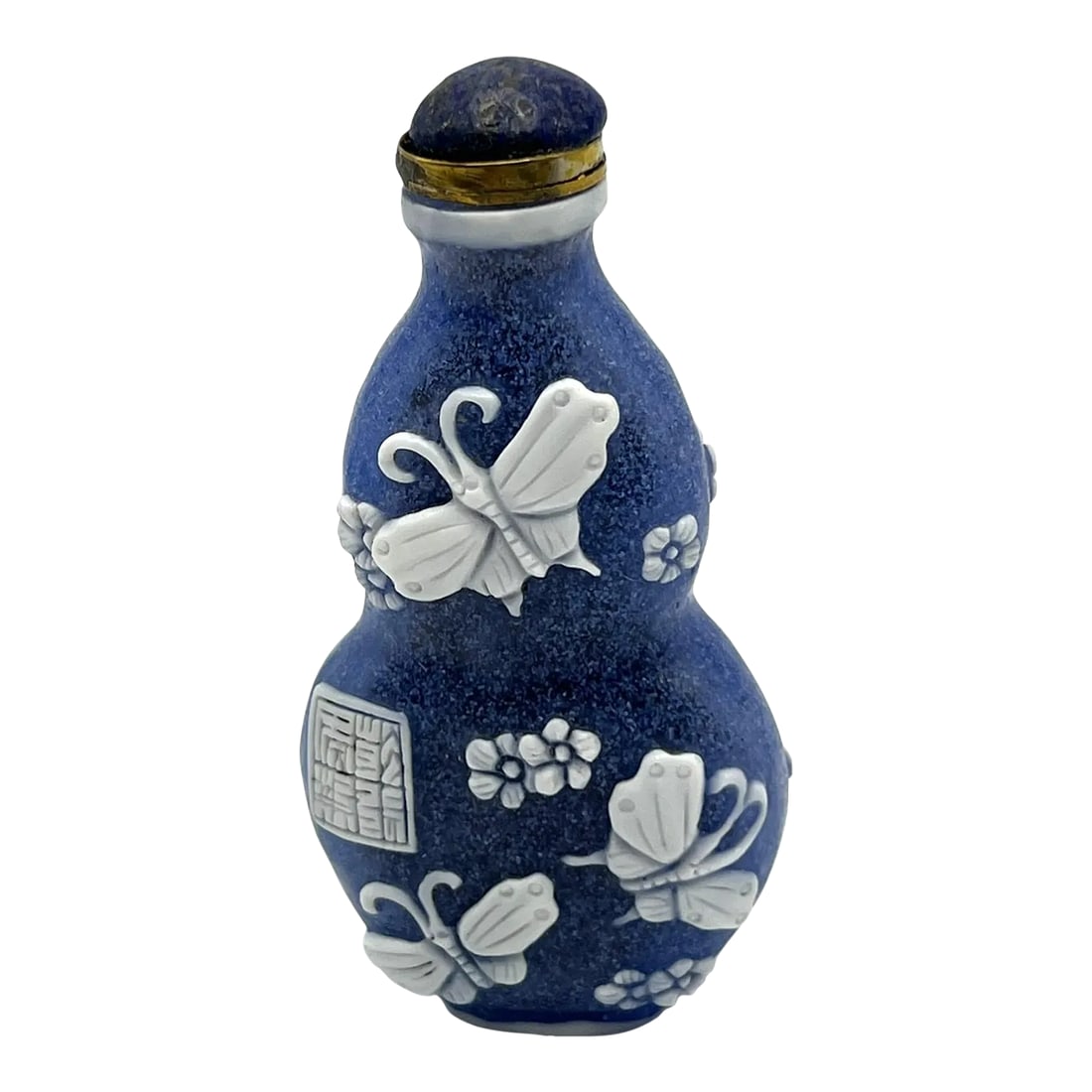 Blue Frosted Beijing Glass Double Gourd Shaped Snuff Bottle With Qianlong Mark: In the recent years, new technology made way for innovative forms of glass snuff bottles. This bottle is made of blue frosted glass with a white overlay. of large butterlfies and flowers. New methods
