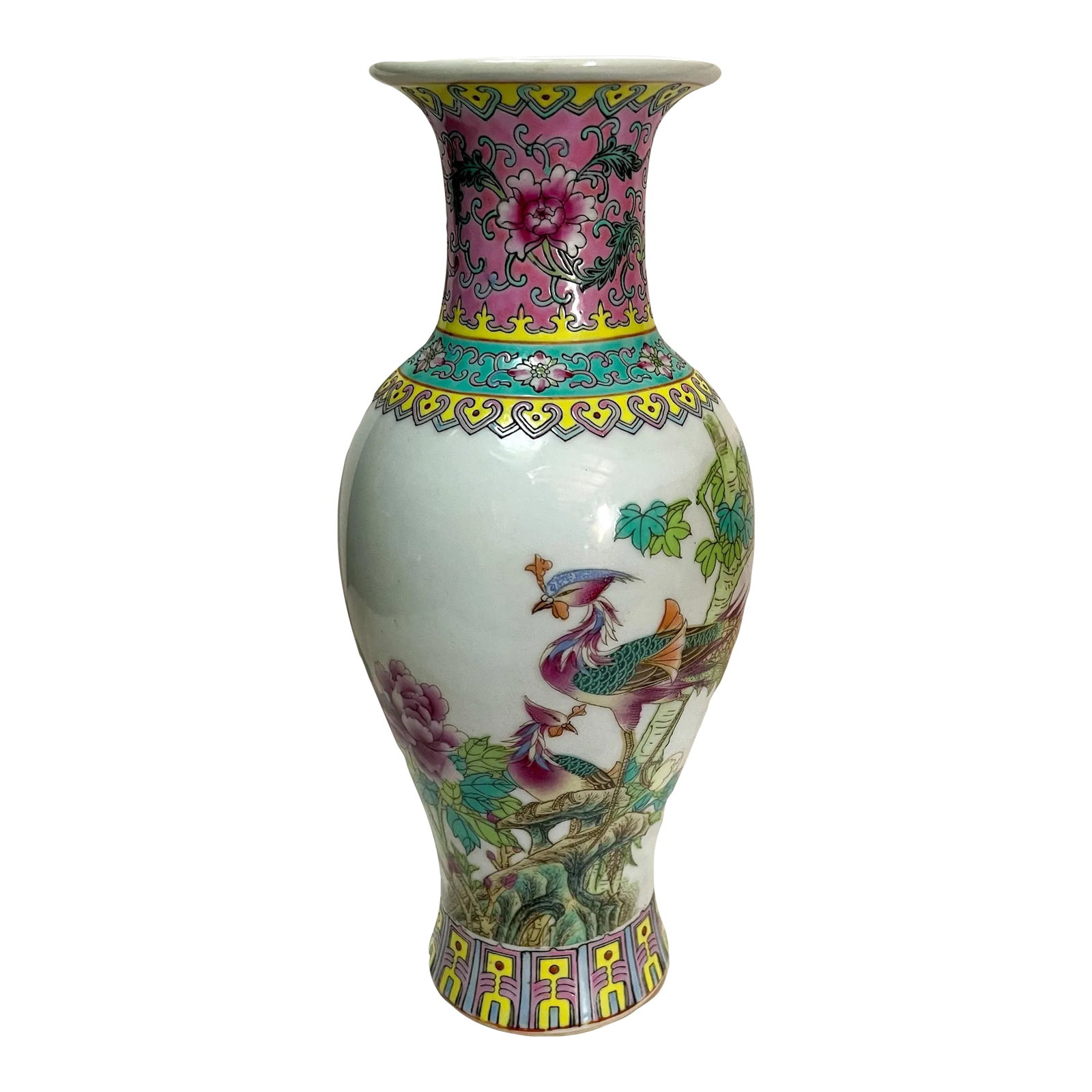 Mid 20th Century Chinoiserie Ceramic Vase: An interesting vase featuring a pair of birds in a tree as a main theme and bordered at the top with a floral pattern and at the bottom a geometric stylistic pattern. In very good condition. Ships