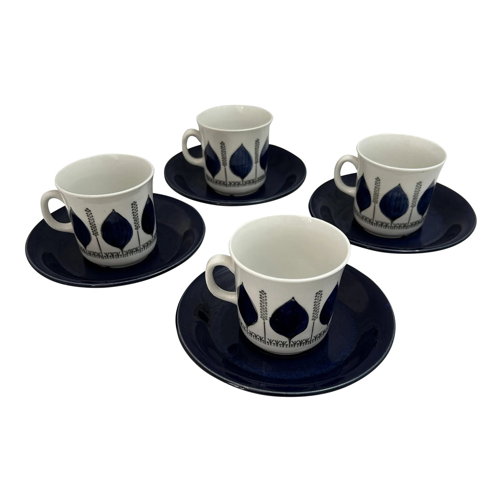 1960s Vintage Upsala Ekeby Swedish Blue Groblad Porcelain Cups & Saucers Set- 8 Pieces: Mid Century Modern Upsala Ekeby Porcelain Hand-Painted Cups & Saucers 8 Pieces These vintage cups and saucers were designed by Barbro Lofgren-Ortendahl and produced in Sweden by Upsala Ekeby from 1964