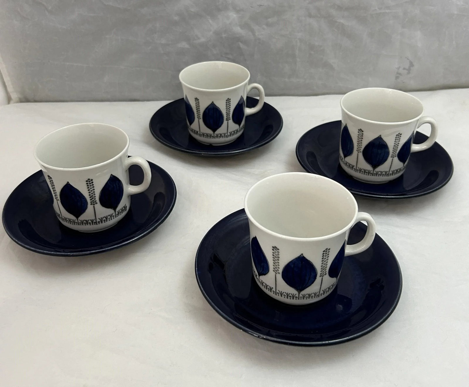 1960s Vintage Upsala Ekeby Swedish Blue Groblad Porcelain Cups & Saucers Set- 8 Pieces - 2
