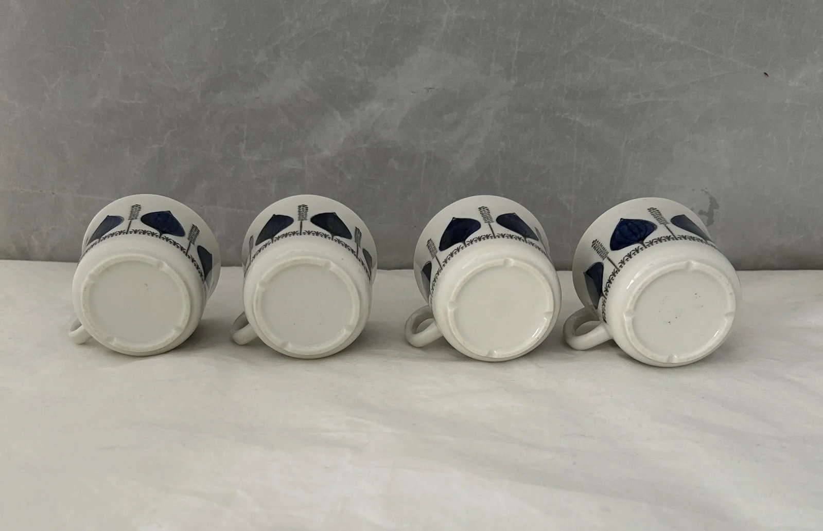 1960s Vintage Upsala Ekeby Swedish Blue Groblad Porcelain Cups & Saucers Set- 8 Pieces - 8