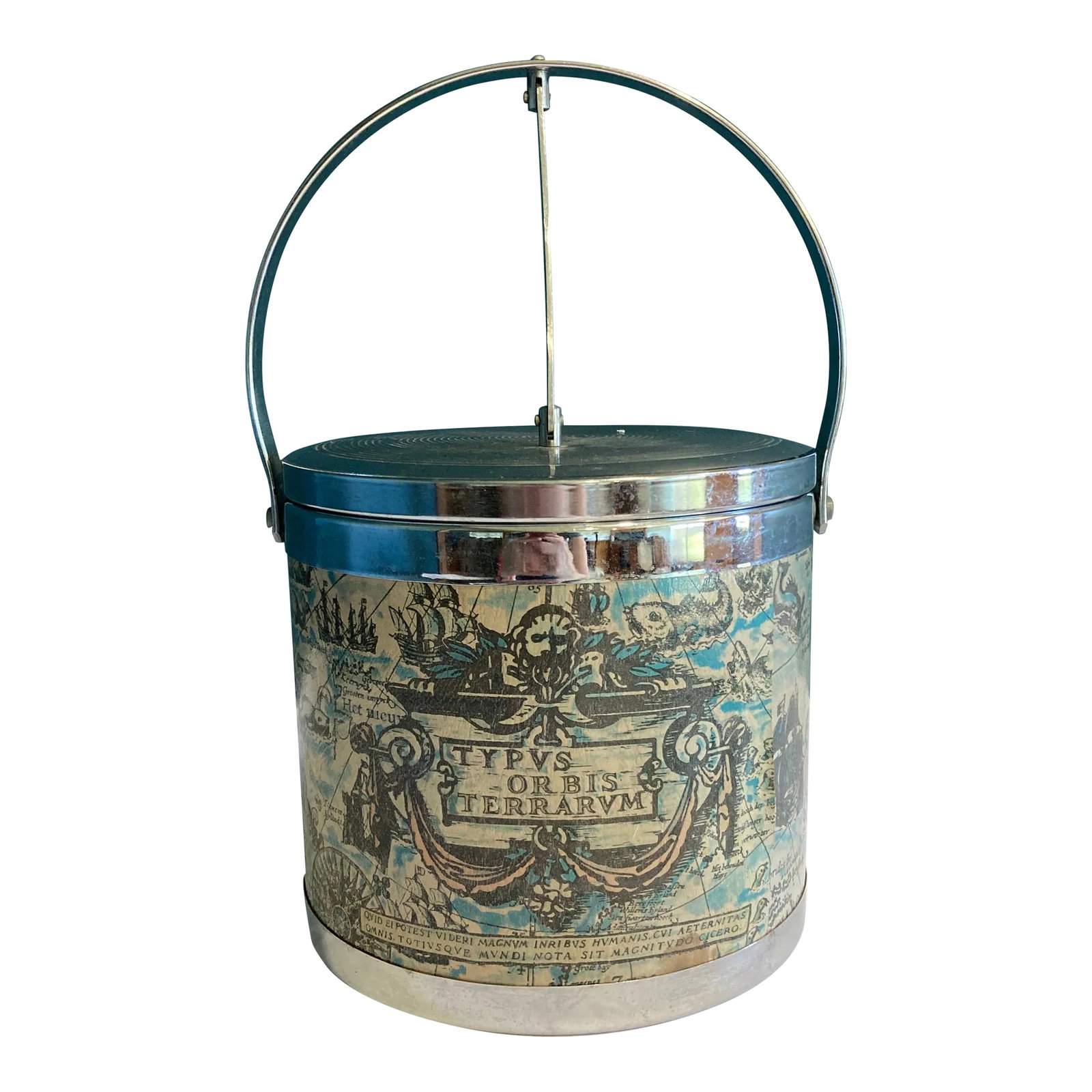 Mid-20th Century Vintage Ice Bucket With Old World Map Design: This mid-20th century vintage ice bucket features a charming Old World map design wrapped around its exterior, evoking a classic explorer's aesthetic. With its rich tones, top handle, and practical