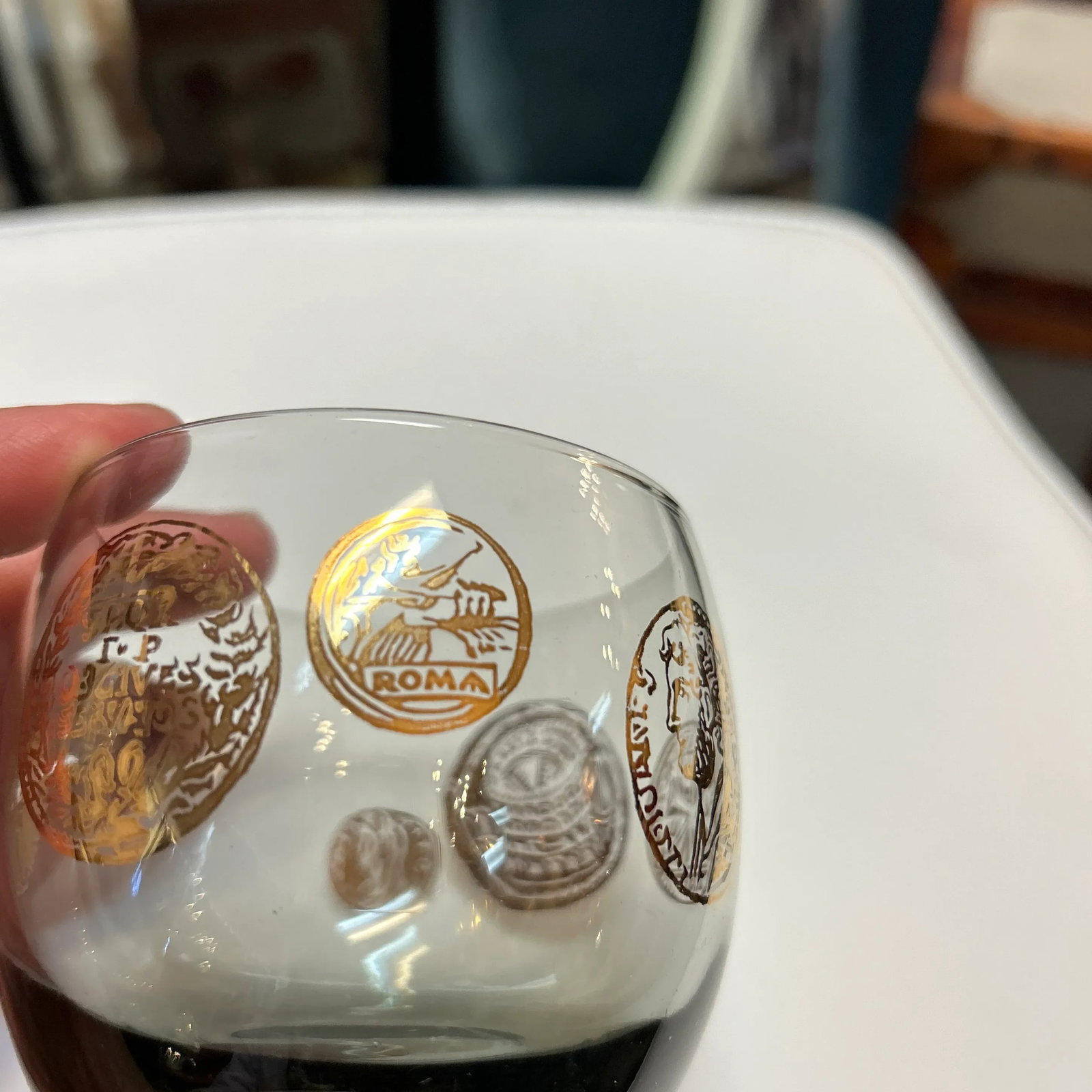 Vintage 1960s Rounded Lowball Cocktail Glasses With Painted Golden Motif Set of 8 - 10