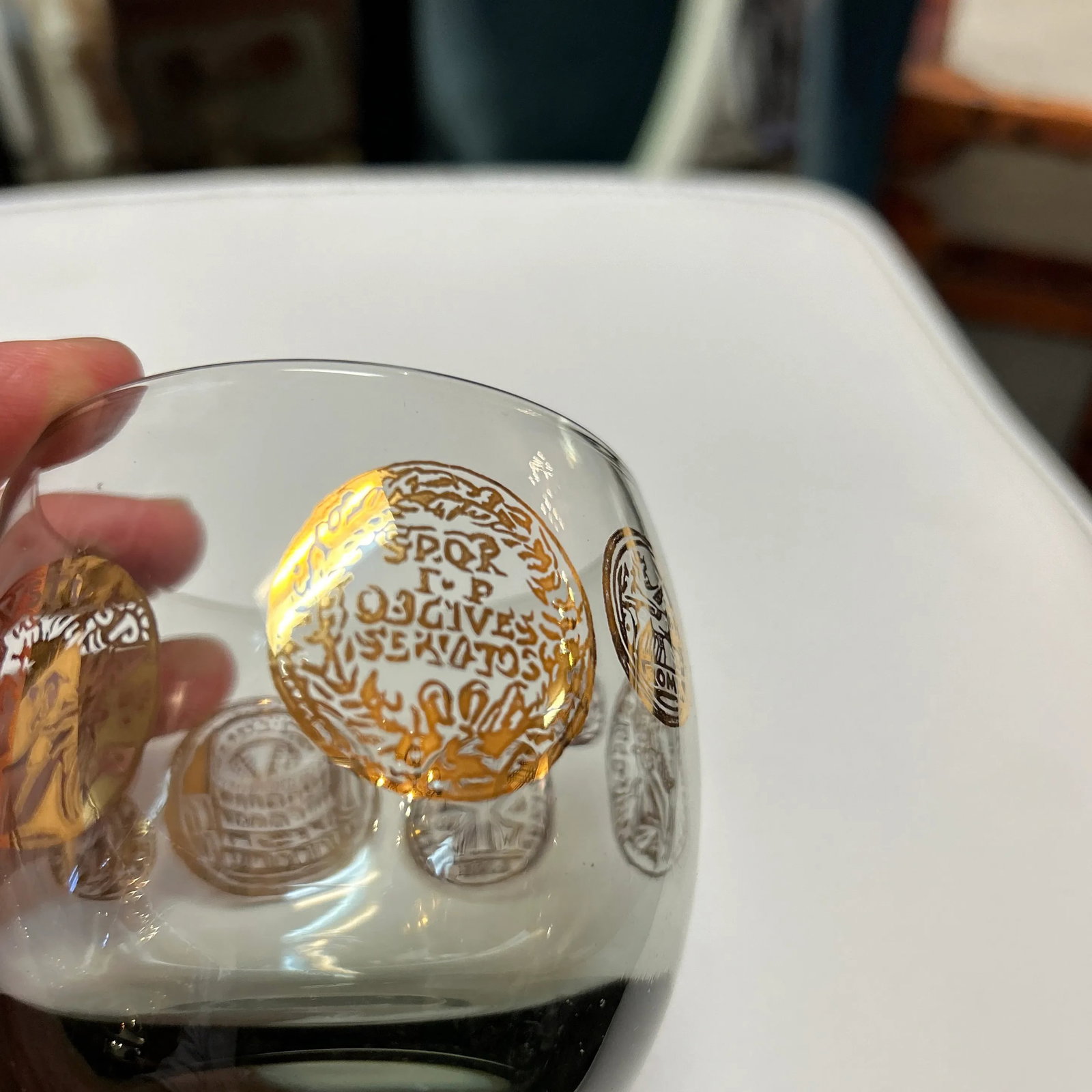 Vintage 1960s Rounded Lowball Cocktail Glasses With Painted Golden Motif Set of 8 - 11