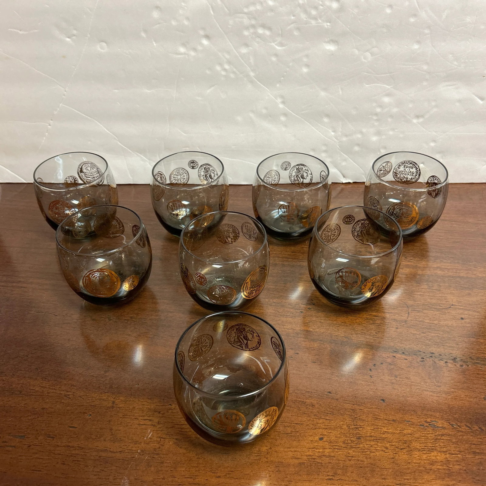 Vintage 1960s Rounded Lowball Cocktail Glasses With Painted Golden Motif Set of 8 - 2