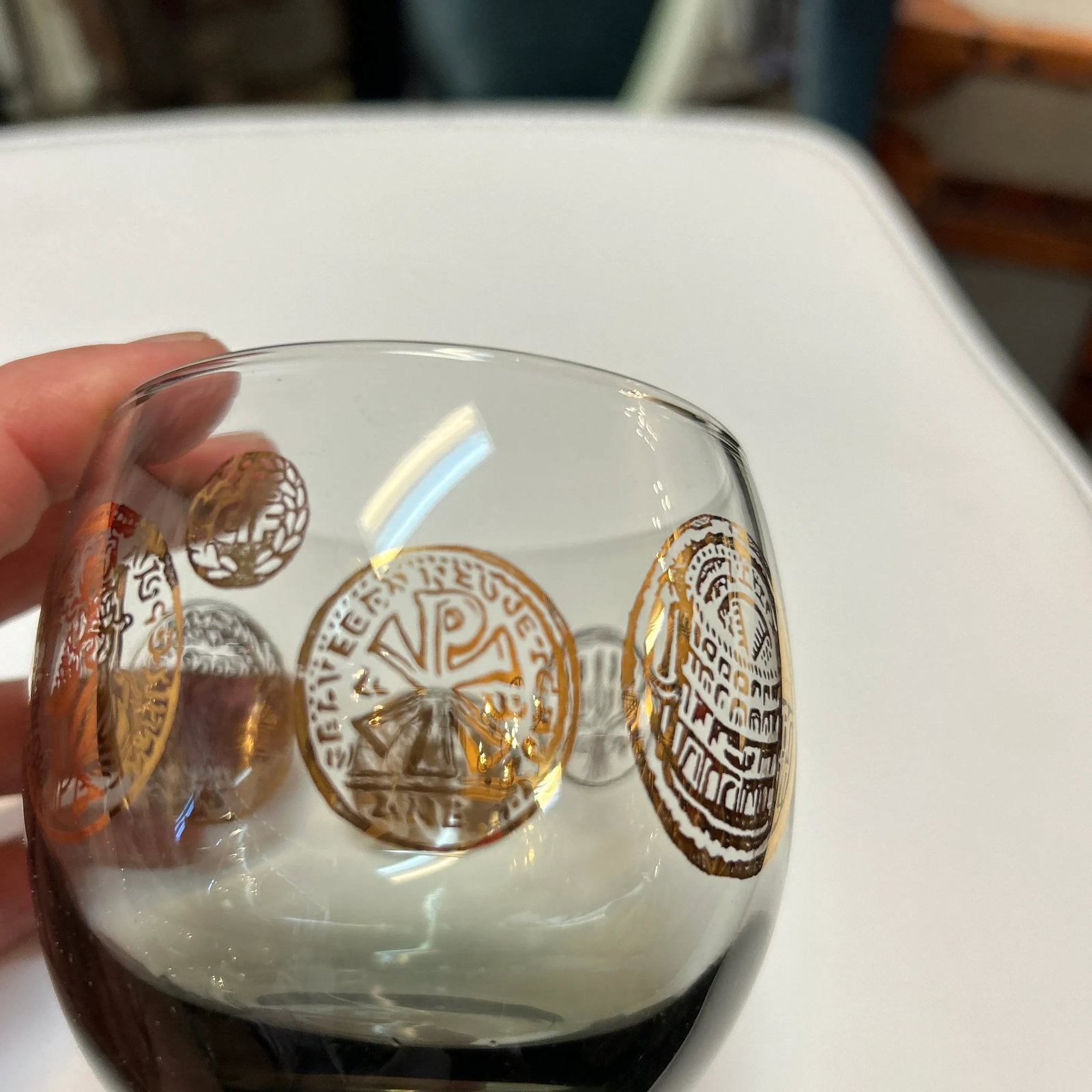 Vintage 1960s Rounded Lowball Cocktail Glasses With Painted Golden Motif Set of 8 - 3