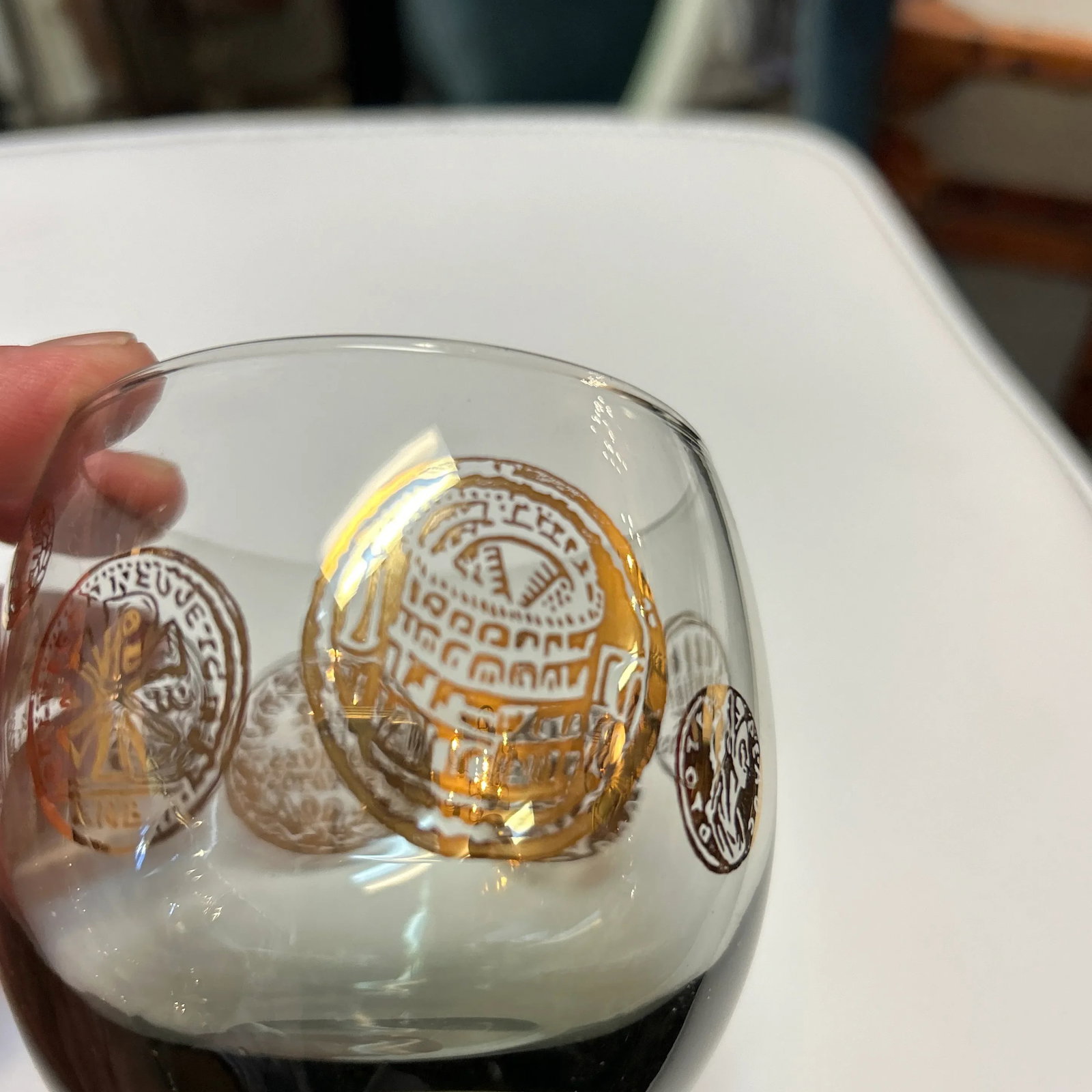 Vintage 1960s Rounded Lowball Cocktail Glasses With Painted Golden Motif Set of 8 - 4