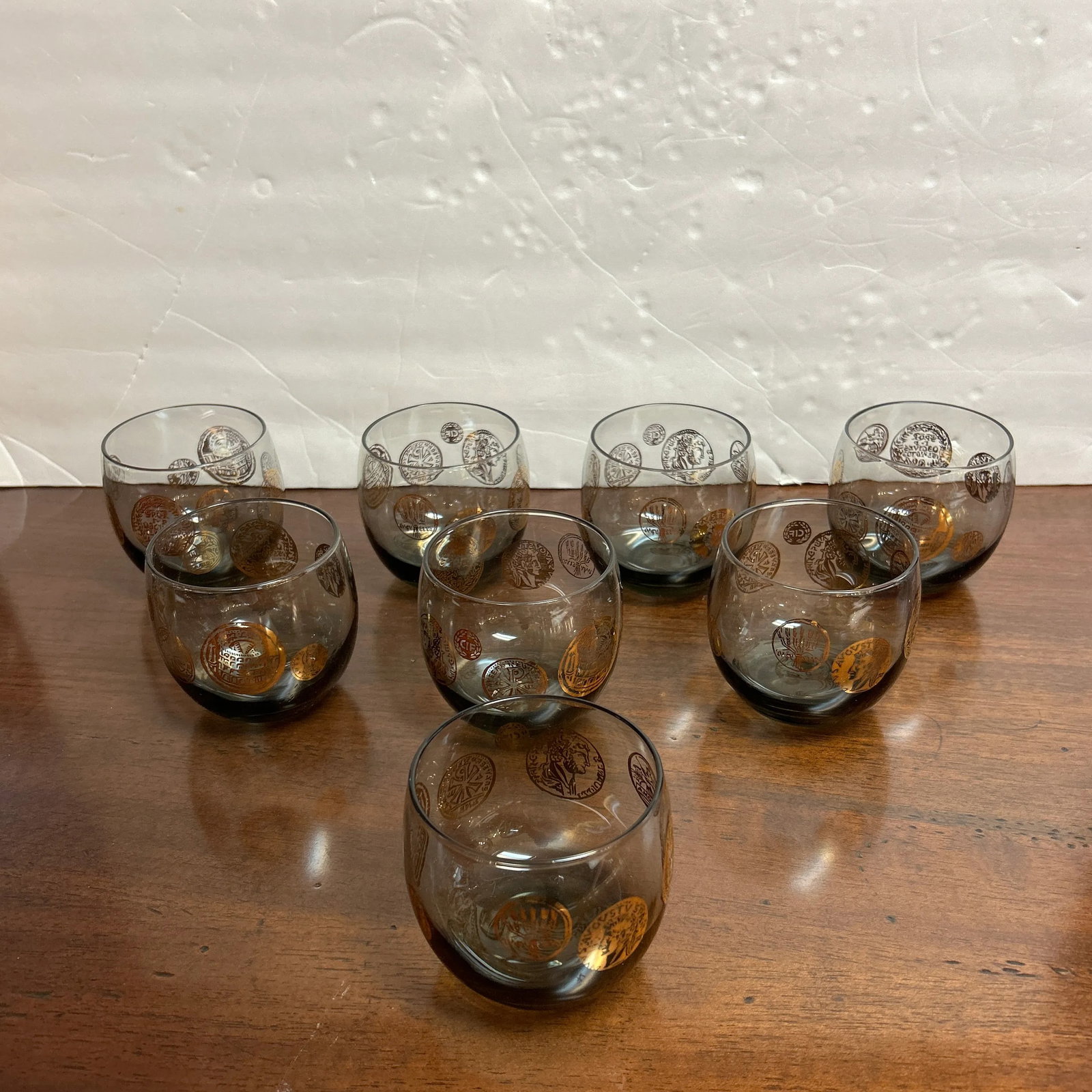Vintage 1960s Rounded Lowball Cocktail Glasses With Painted Golden Motif Set of 8 - 5