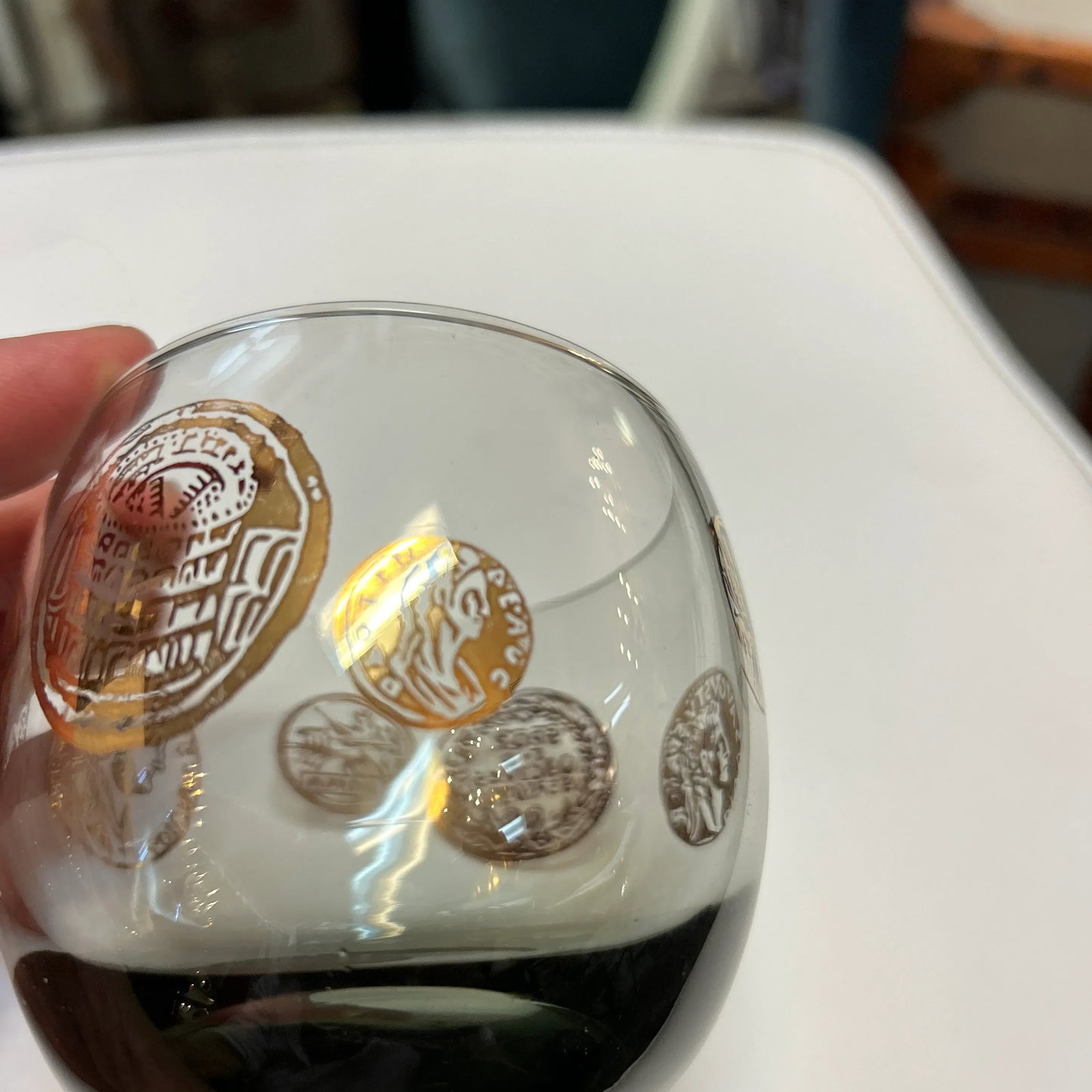Vintage 1960s Rounded Lowball Cocktail Glasses With Painted Golden Motif Set of 8 - 6