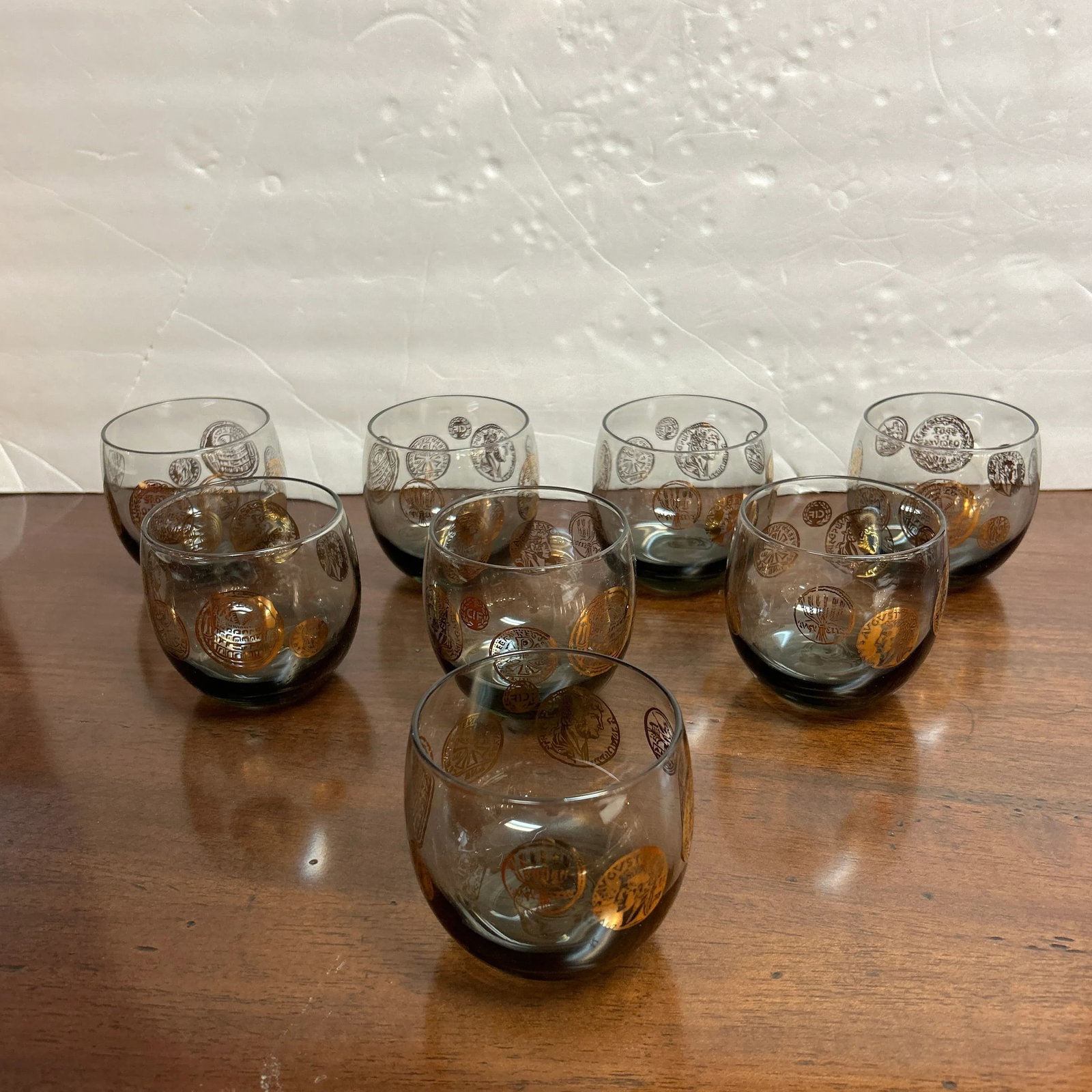 Vintage 1960s Rounded Lowball Cocktail Glasses With Painted Golden Motif Set of 8 - 7