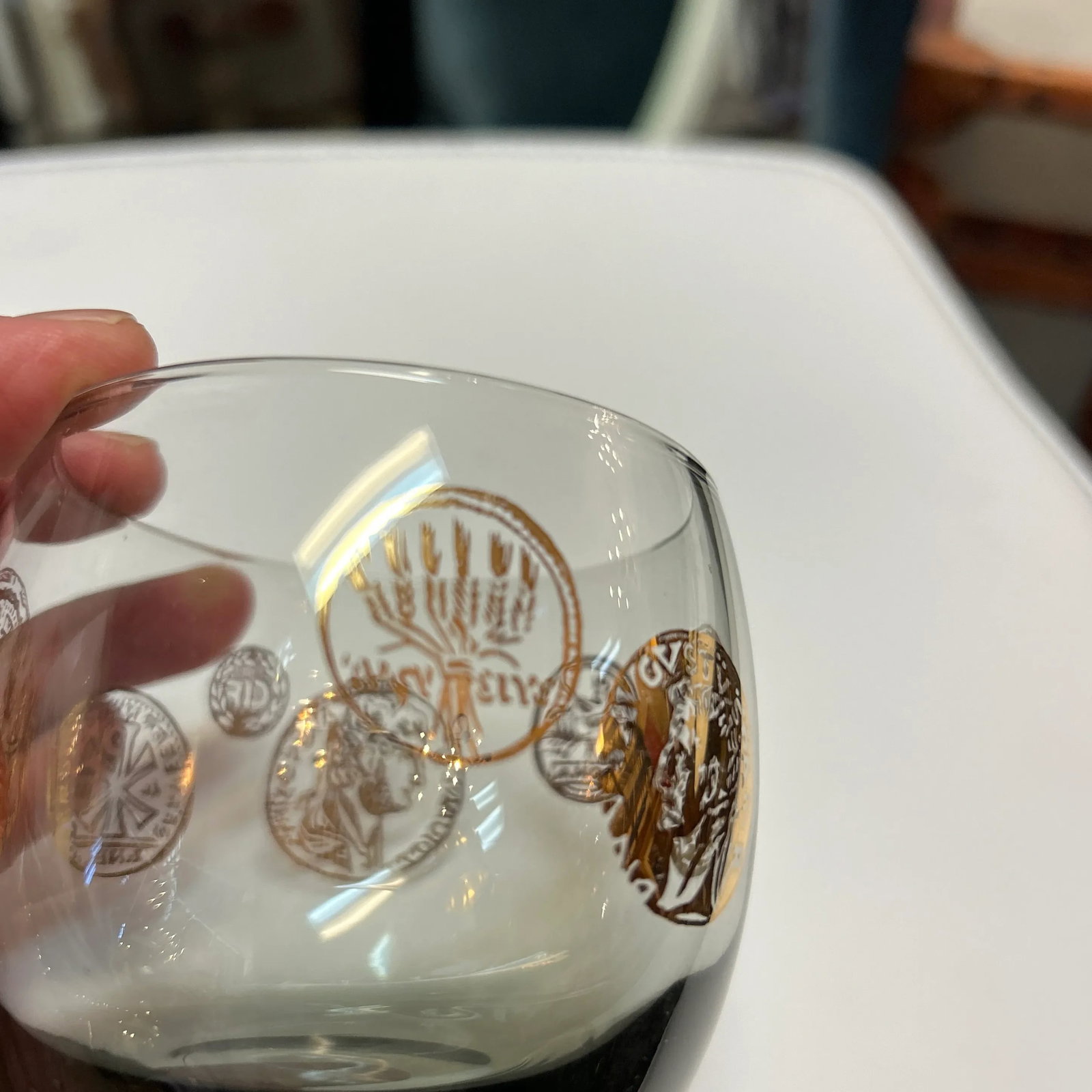Vintage 1960s Rounded Lowball Cocktail Glasses With Painted Golden Motif Set of 8 - 8