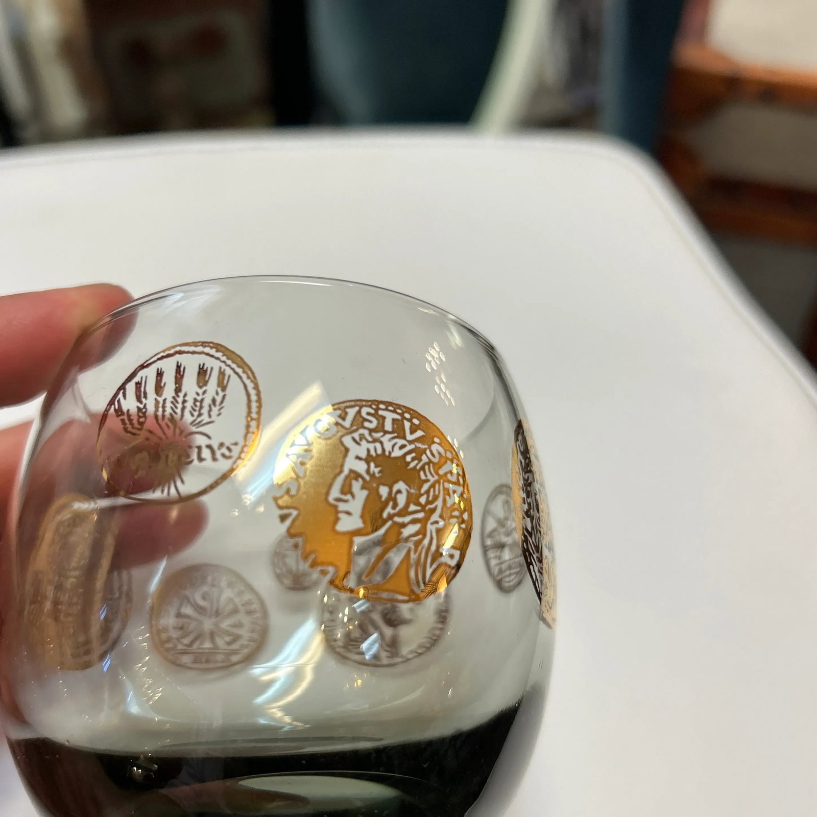 Vintage 1960s Rounded Lowball Cocktail Glasses With Painted Golden Motif Set of 8 - 9
