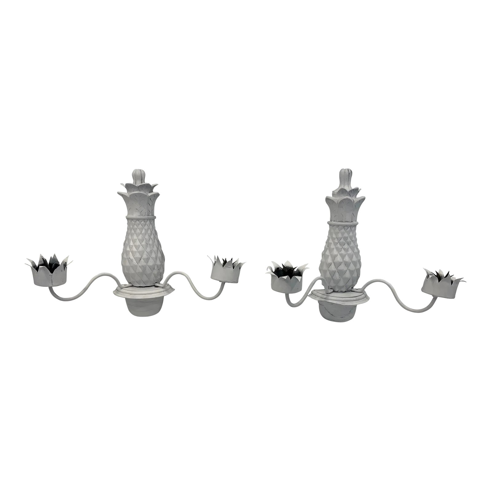 Pair of 1960s Pineapple Design Sconces: This pair of sconces are carved wood & iron Having lived many years on a back porch they have cracks & chips & many layers of paint See photos for wear The iron arms and candle holders are iron