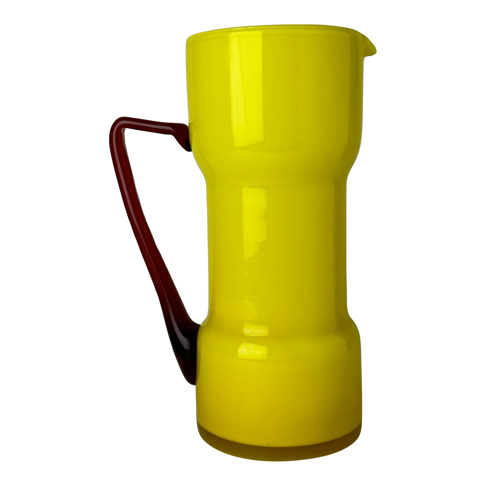 1980s Vintage Yellow and Red Empoli Cased Italian Glass Pitcher: Stunning Italian Style Empoli Cased Hand-Blown Art Glass Yellow Vase/Pitcher with Red Handle! Looking to add a touch of vibrant elegance to your home decor? Look no further! Feast your eyes on this