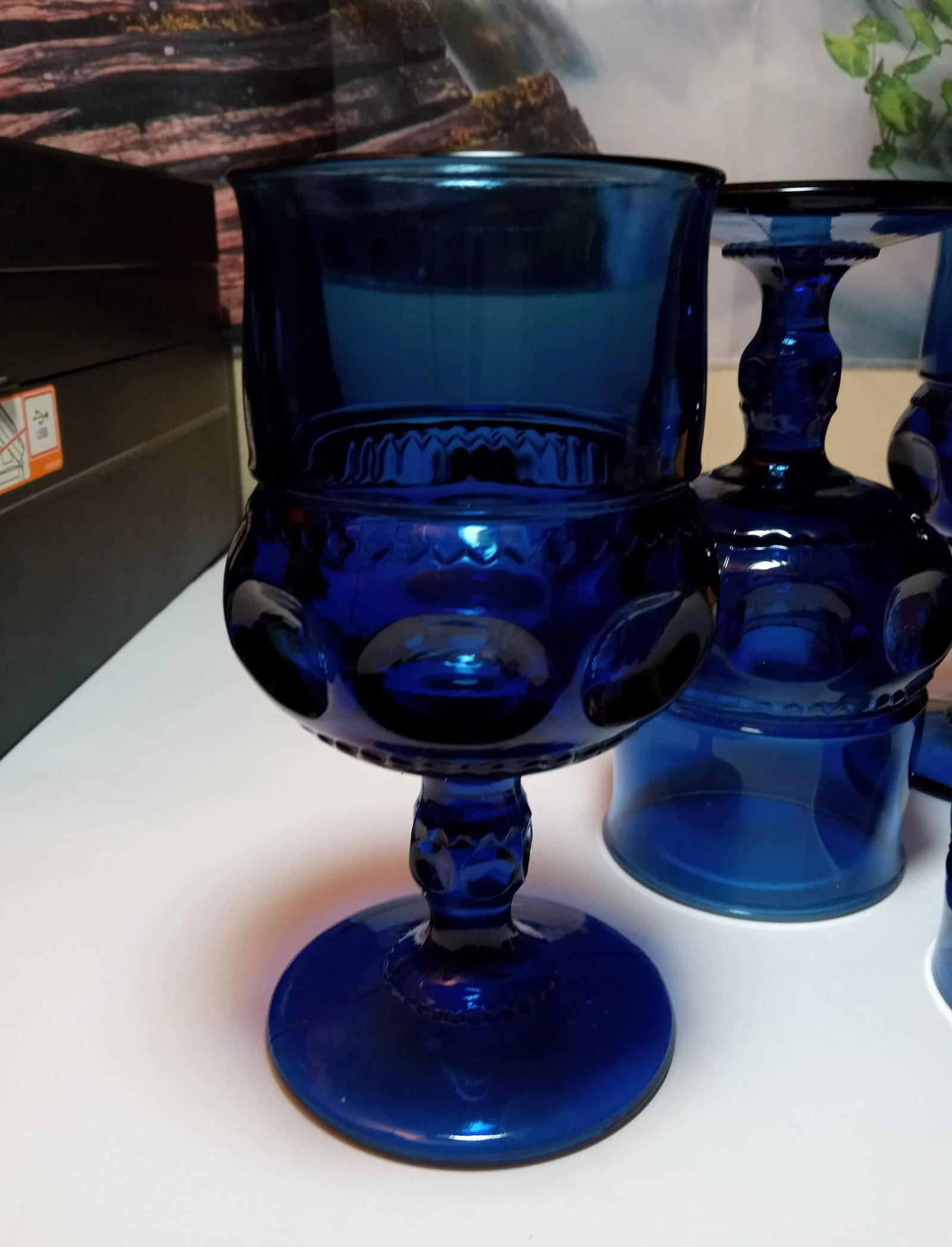 1960s Indiana Glass Kings Crown Cobalt Blue Goblets - Set of 4 - 4
