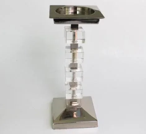 Vintage 1980's Ice Cube Lucite and Silver Plate Pillar Candle Holder Tall Modern Minimalist - 2
