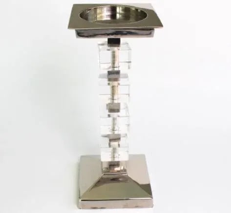 Vintage 1980's Ice Cube Lucite and Silver Plate Pillar Candle Holder Tall Modern Minimalist - 3