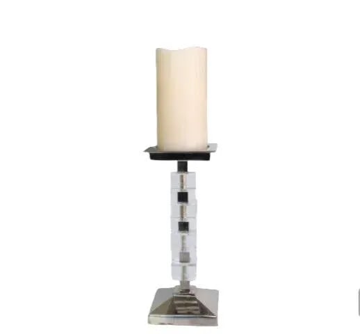 Vintage 1980's Ice Cube Lucite and Silver Plate Pillar Candle Holder Tall Modern Minimalist - 4