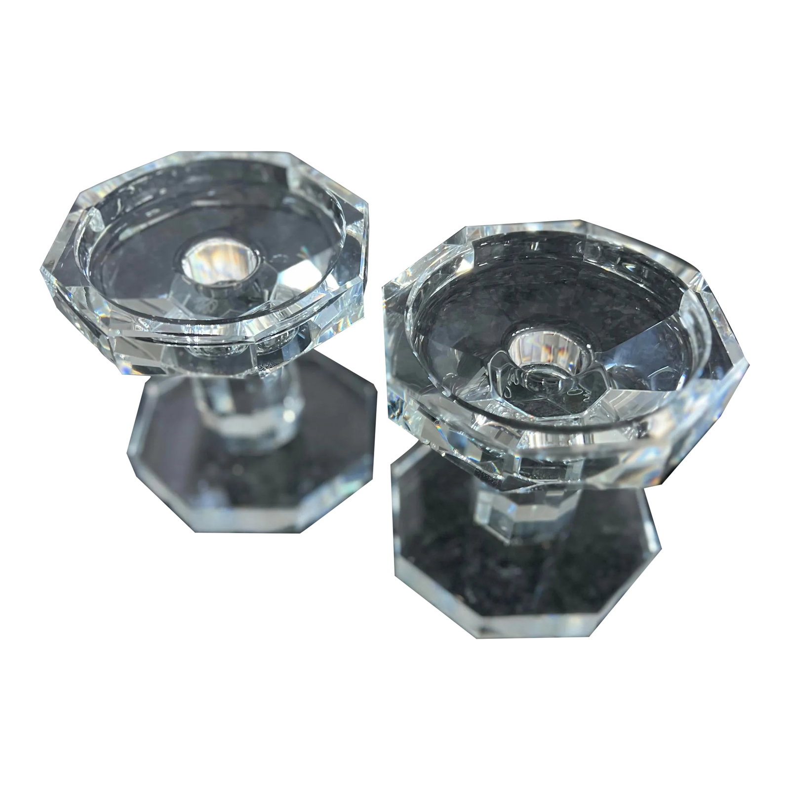 Vintage Oleg Cassini Crystal Candle Holders- a Pair: Vintage Oleg Cassini crystal candle holder pair. Signed. Beautiful condition, no visible imperfections. Condition: Alterations: Original Condition Unaltered Imperfections: Some Imperfections