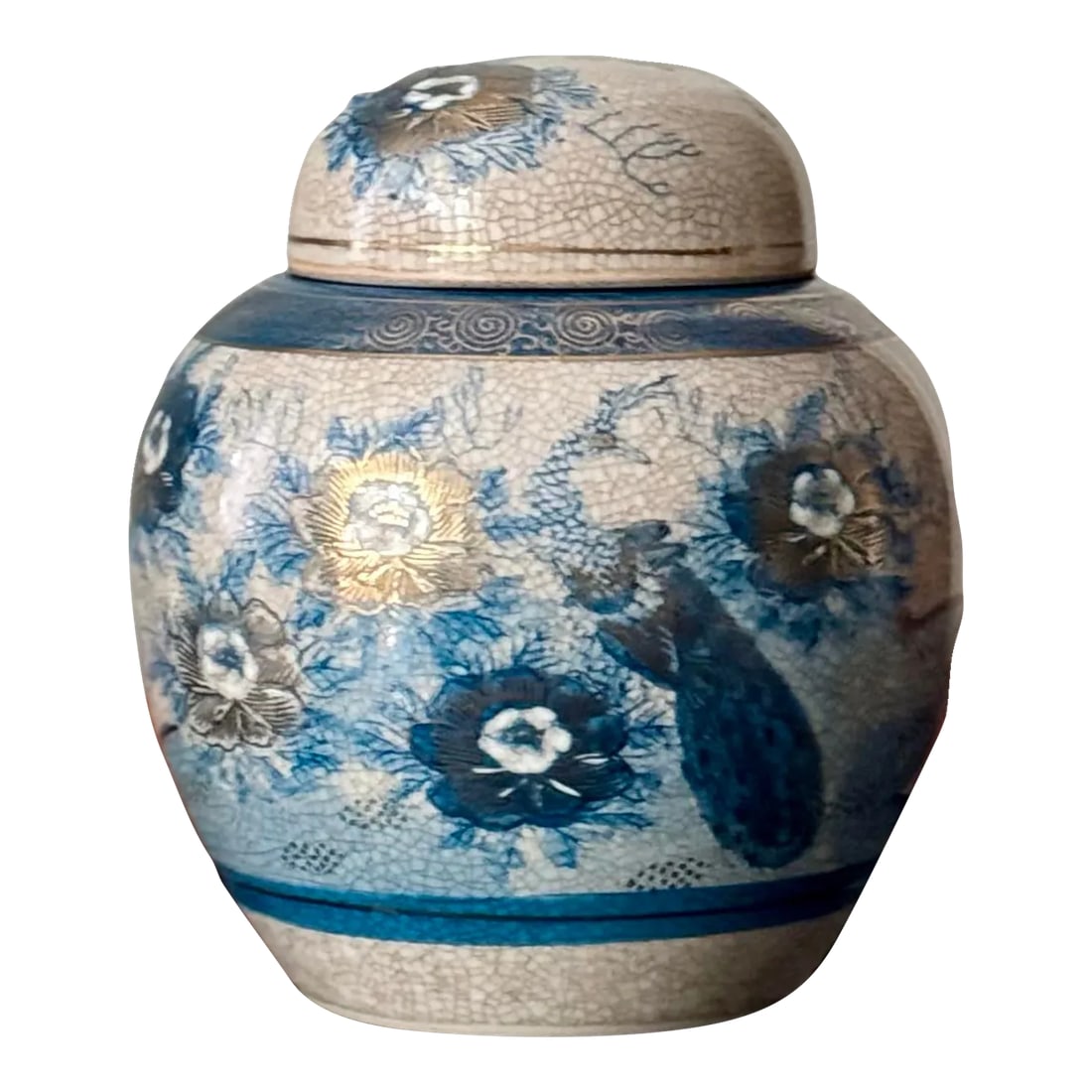 Small Vintage Kutani Porcelain Ginger Jar: Blue and white pheasant and floral pattern. Made in the 1960s. Condition: Alterations: Original Condition Unaltered Imperfections: Some Imperfections Condition Notes: There's a crack in the lid