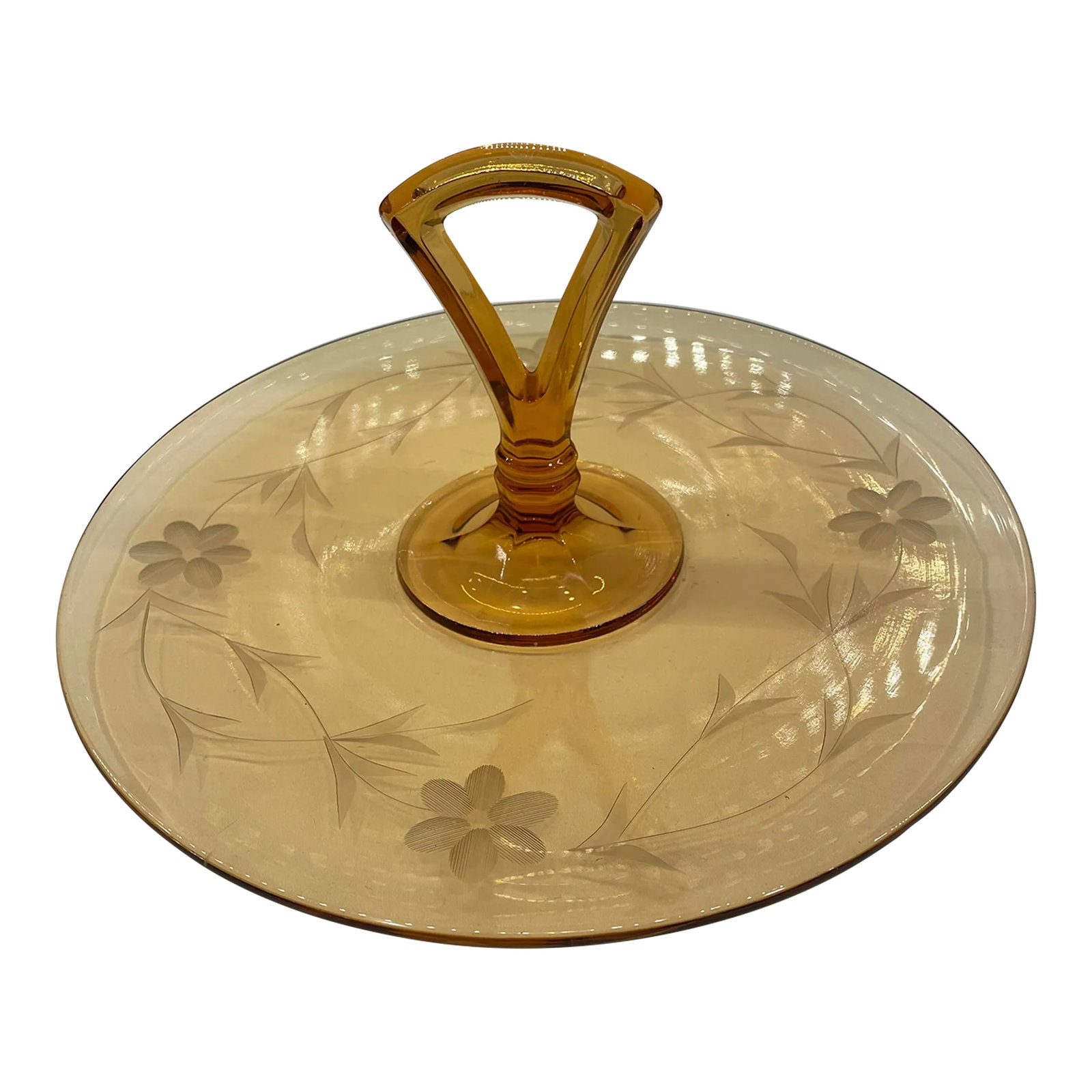 Mid-Century Modern Amber Glass Sandwich Tray: Stunning amber glass sandwich tray with delightful MCM details. I'm unsure when this produced, but I can say that it would've fit perfectly in my aunt's house in the 1970s. I have added a $10 packing
