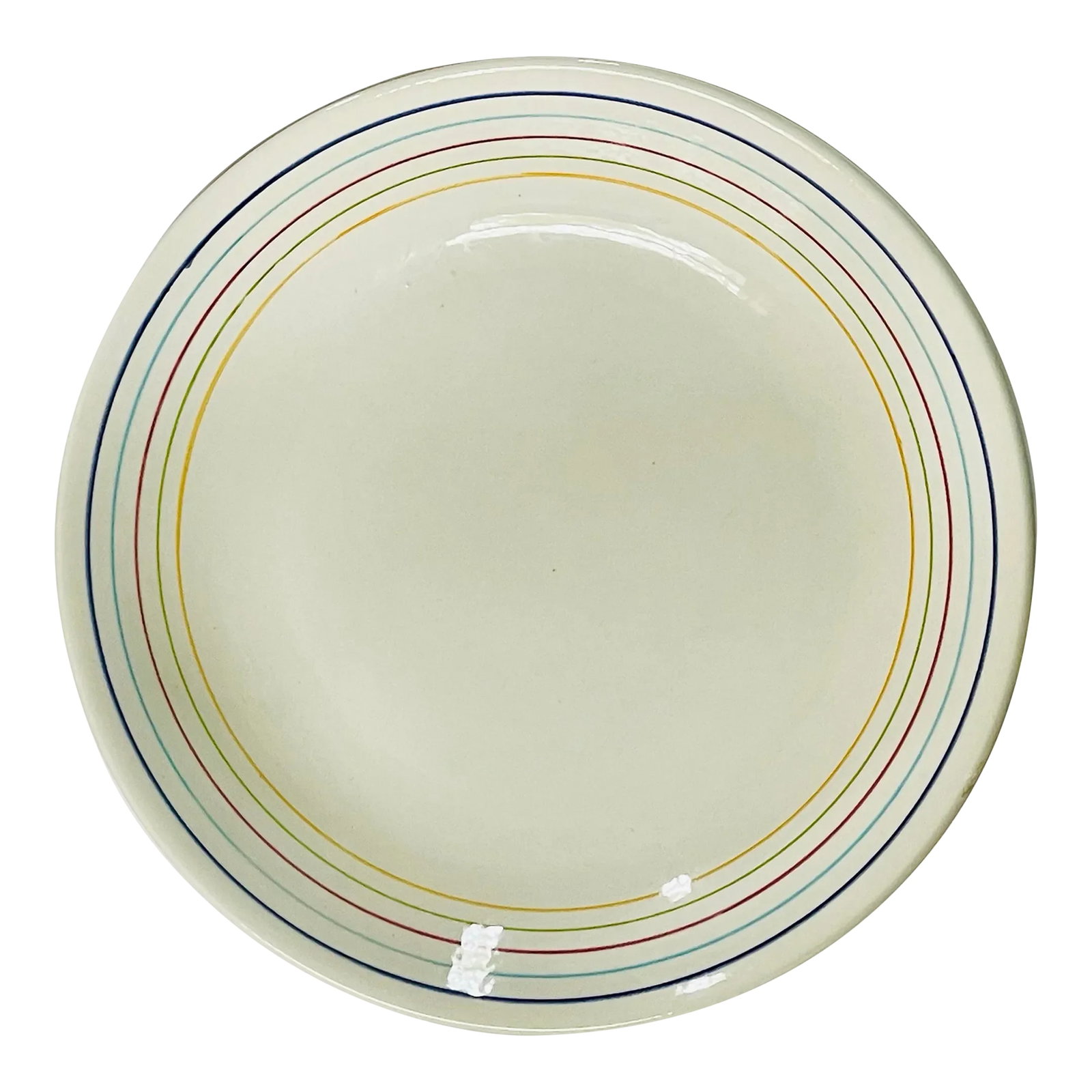 Mid 20th Century Rainbow Stripe Italian Serving Bowl: A charming mid century Italian ceramic serving plate with a simple line pattern in a spectrum of colors. Ships within 1-2 days using USPS. All items packed with care. Please contact us with any