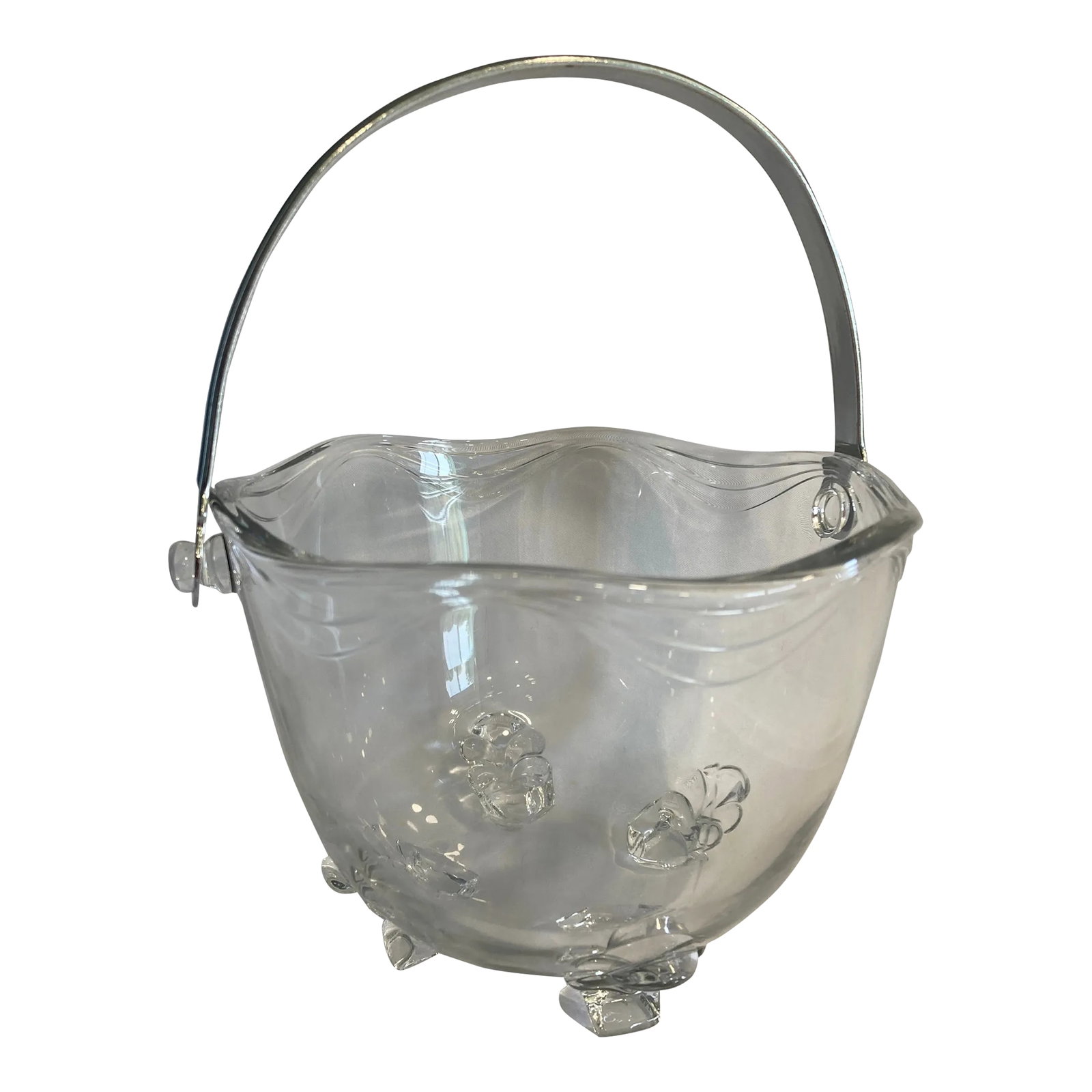1930s Vintage Fostoria Coronet Ice Bucket: Stunning Fostoria Ice Bucket from the Coronet Line. It features lovely swag detailing and a silver handle. Condition: Alterations: Original Condition Unaltered Imperfections: Some Imperfections Condit