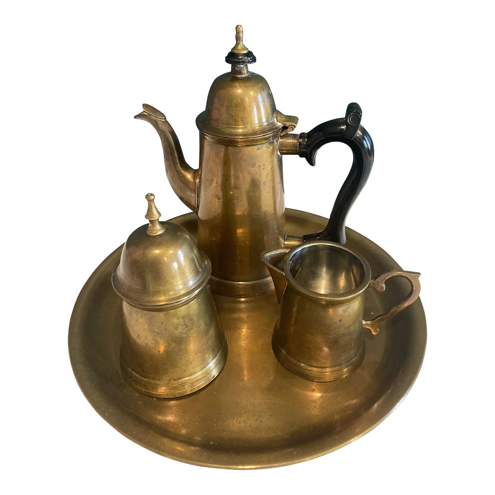 Mid-Century Gatco Brass Coffee Service Set- 4 Pieces: A beautifully aged vintage Gatco brass coffee and tea set, complete with coffee pot, sugar bowl, creamer, and coordinating round tray. This Mid-Century brass ensemble exudes warmth and sophistication,
