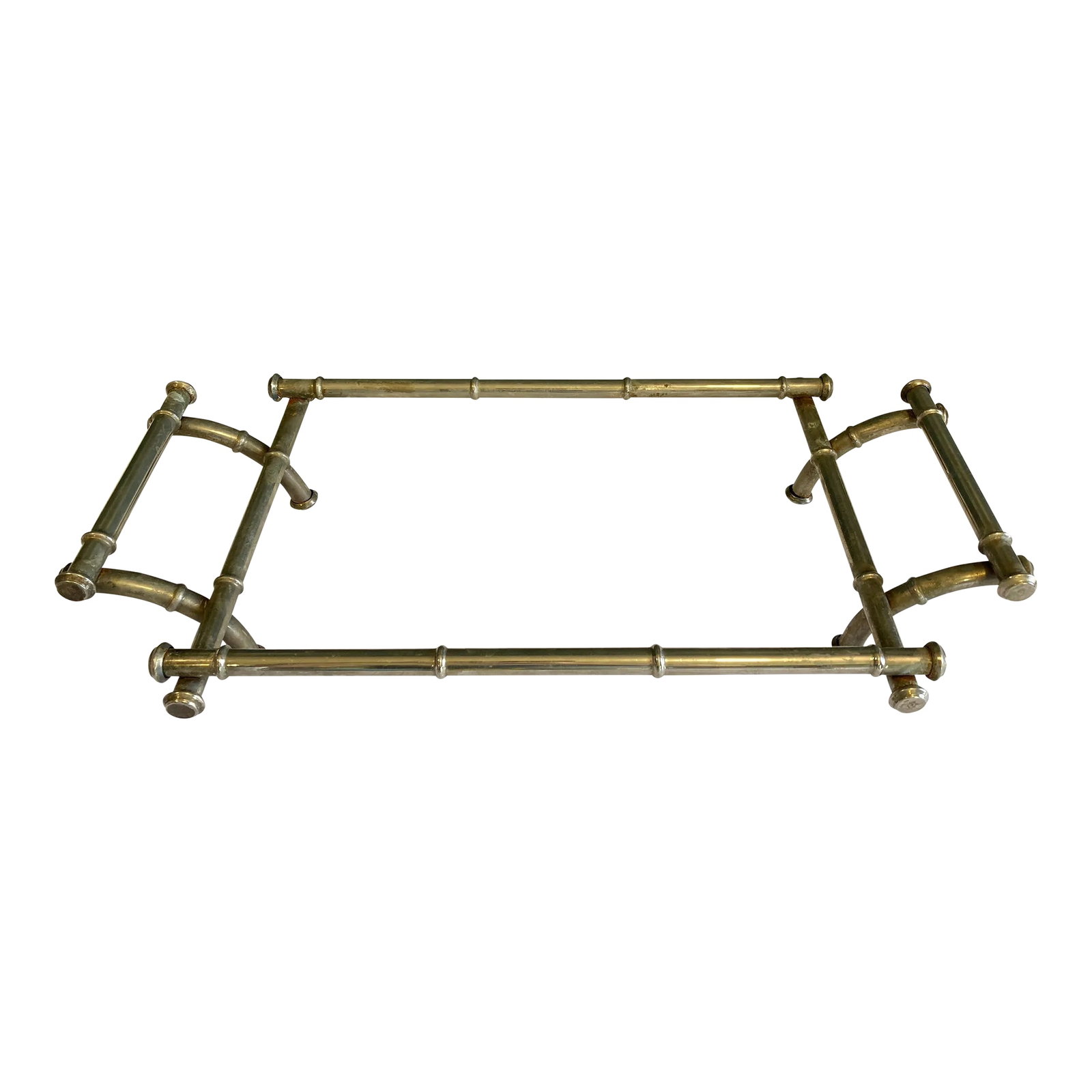 Vintage Faux Bamboo Metal Server: A vintage brass casserole dish holder featuring elegant faux bamboo detailing. This decorative cradle was designed to hold a hot casserole dish for serving directly at the dining table while