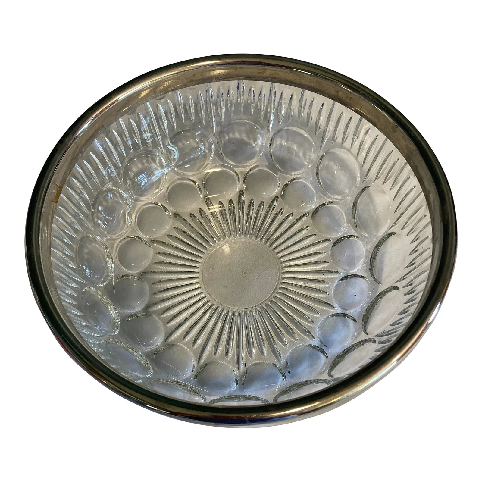 Vintage French Cut Glass Bowl With Silver Rim: This beautiful cut glass bowl has a lovely bubble pattern. The edge has a metal rim that makes it stand out. . Very pretty vintage piece. Condition: Alterations: Original Condition Unaltered