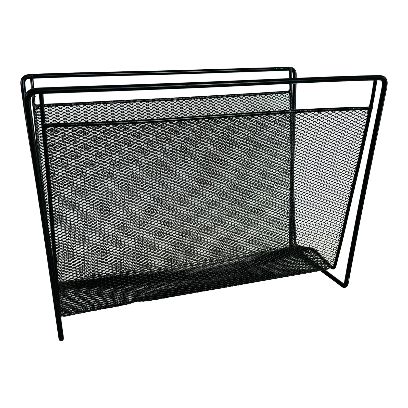 Vintage 1980s Black Metal Mesh Magazine Rack: Vintage 1980s Black Metal Mesh Magazine Rack. Excellent used condition. Strong and sturdy, no breaks to the mesh. No marks. Condition: Alterations: Original Condition Unaltered Imperfections: Some