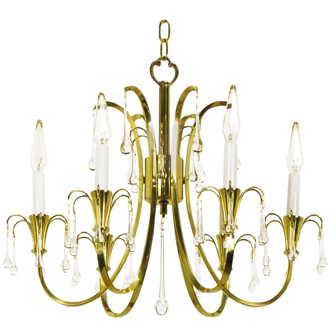 Modernist Brass Chandelier With Raindrop Crystals: Modernist crystal chandelier with six C-curve arms and brass end cups. Raindrop crystals hang from every arm, with long center teardrop crystal. Sold with decorative chain and canopy. Condition: