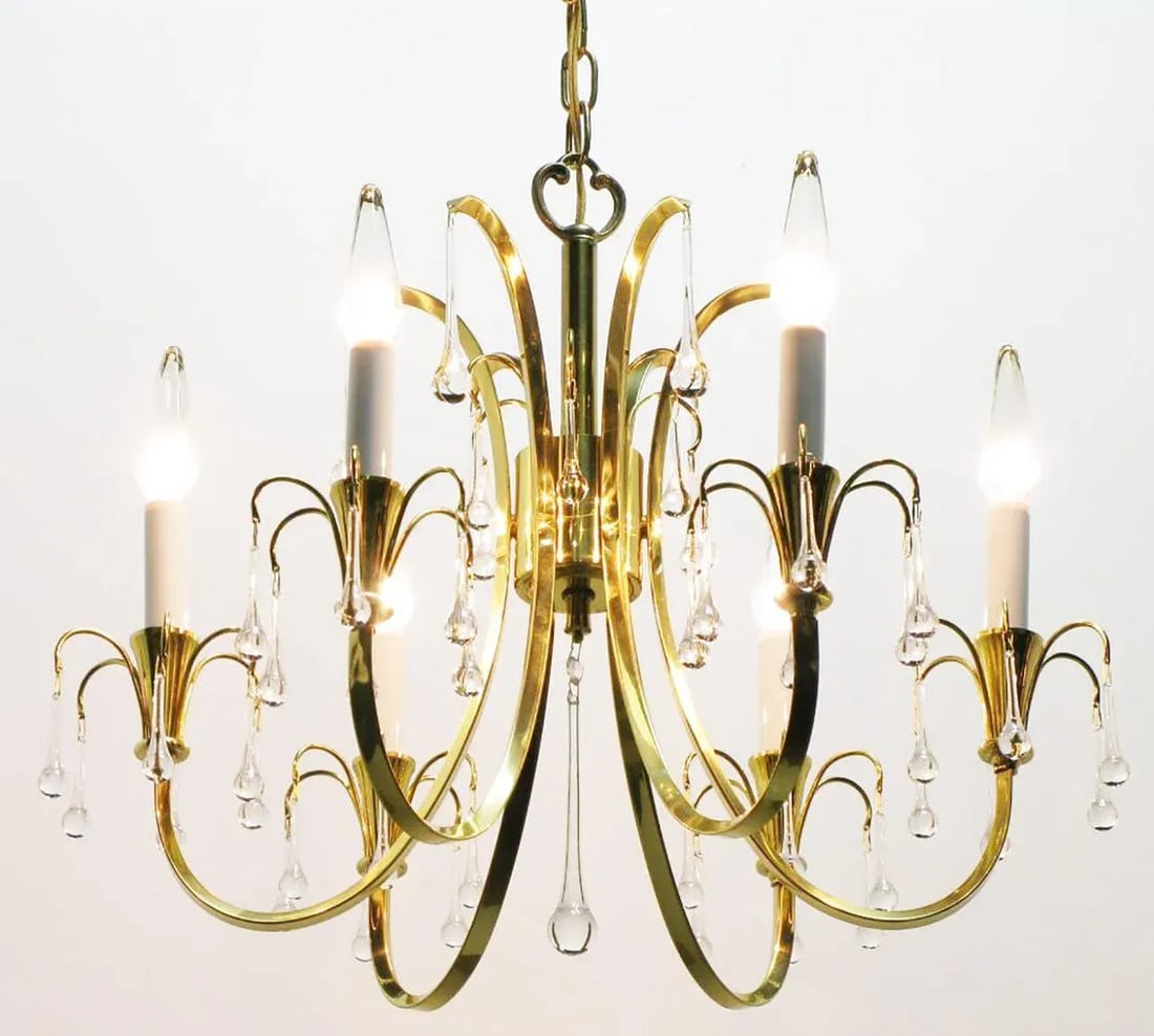 Modernist Brass Chandelier With Raindrop Crystals - 2