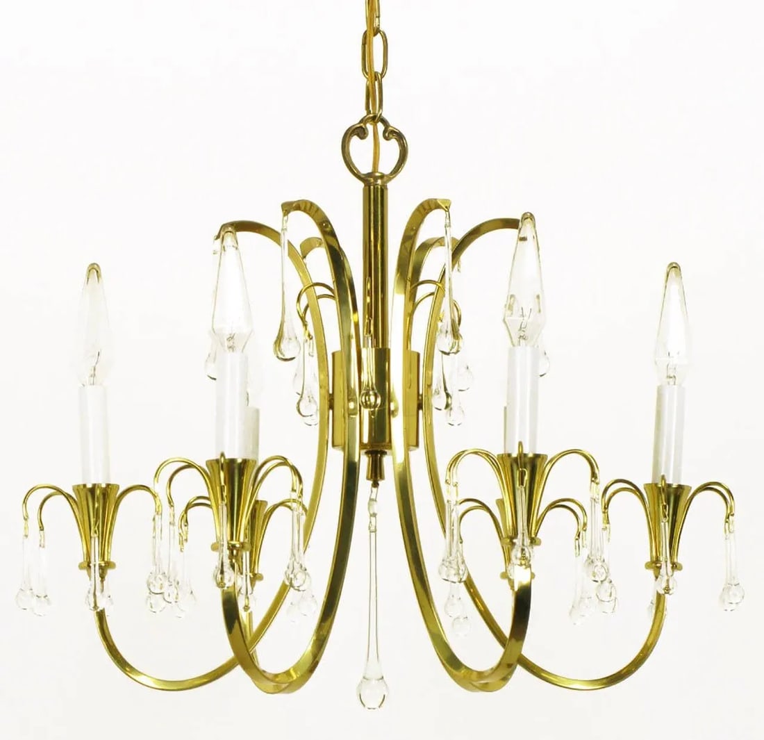 Modernist Brass Chandelier With Raindrop Crystals - 3