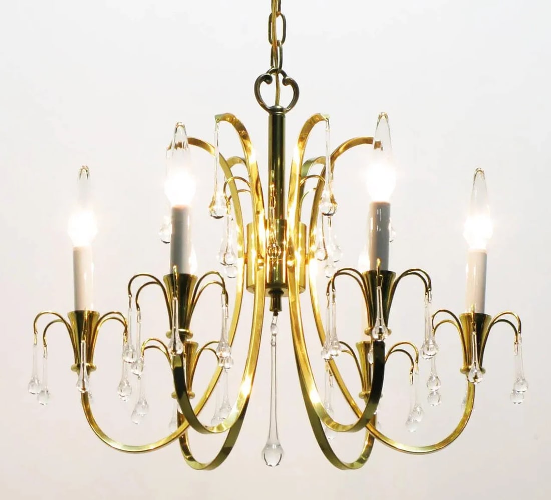 Modernist Brass Chandelier With Raindrop Crystals - 4