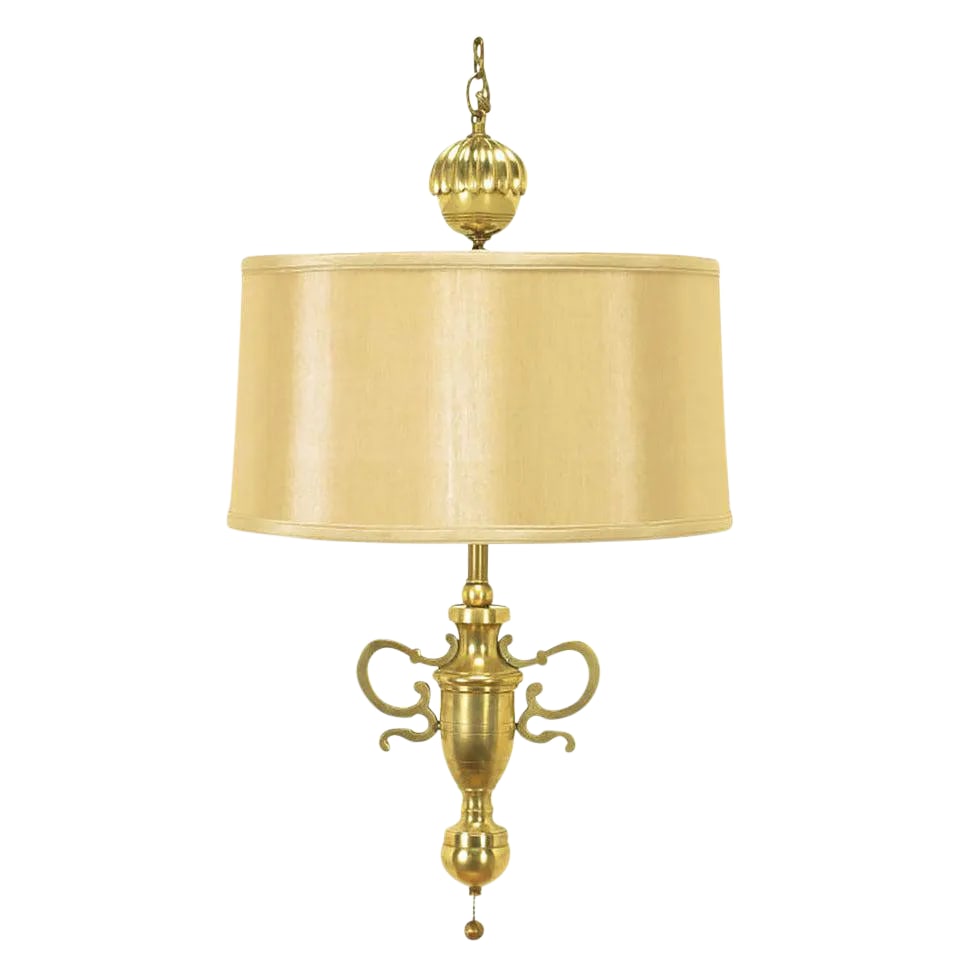 Marbro Brass Empire Style Pendant Lamp: and exceptional Marbro shaded Empire style hanging light. Solid brass body with solid brass filigreed Silhouette handles and large top finial. Double brass socket with brass ball pull chains. Could