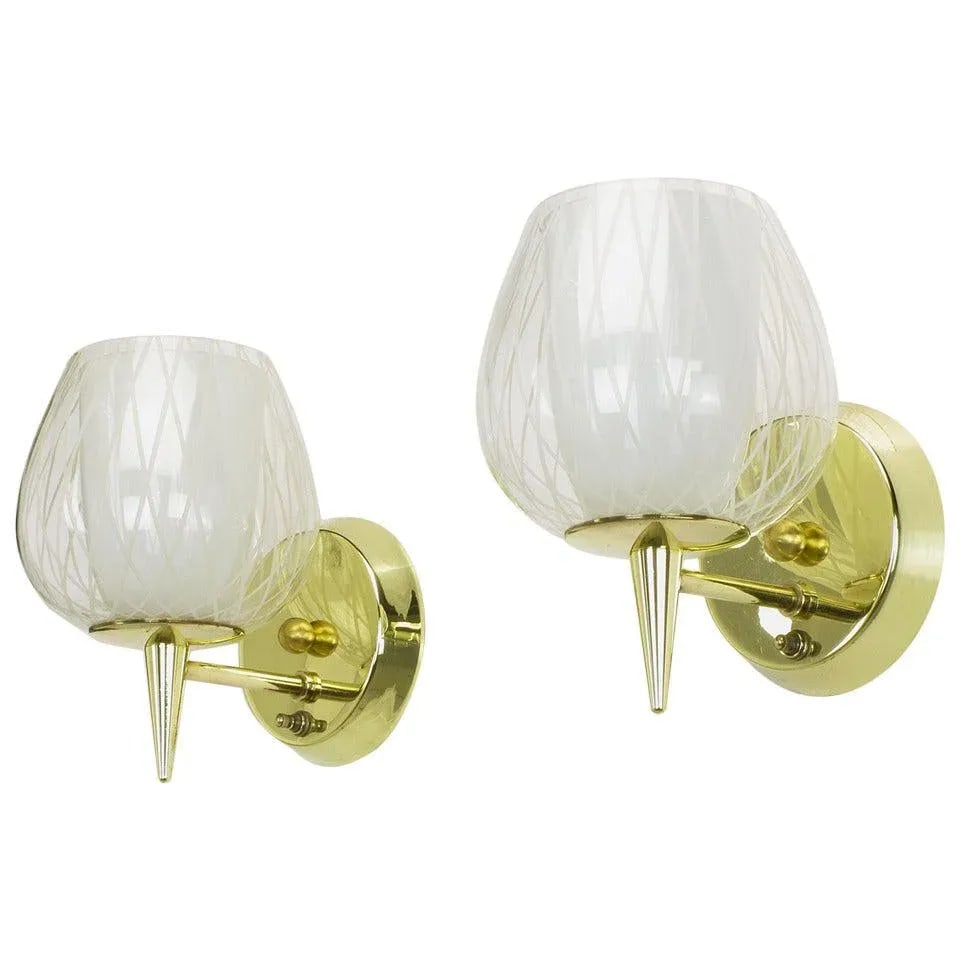 Gerald Thurston for Lightolier Etched Glass and Brass Sconces - a Pair - 11