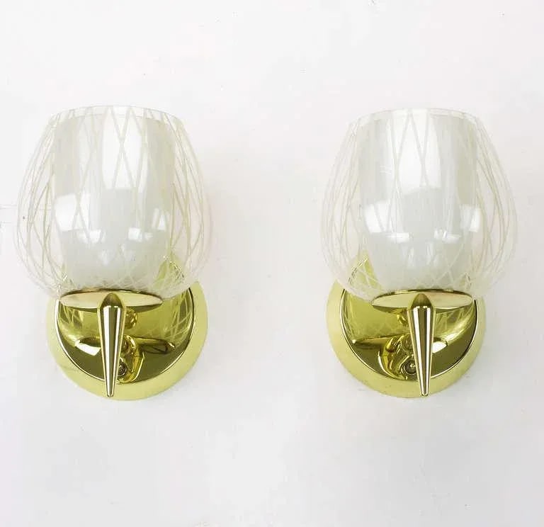 Gerald Thurston for Lightolier Etched Glass and Brass Sconces - a Pair - 3
