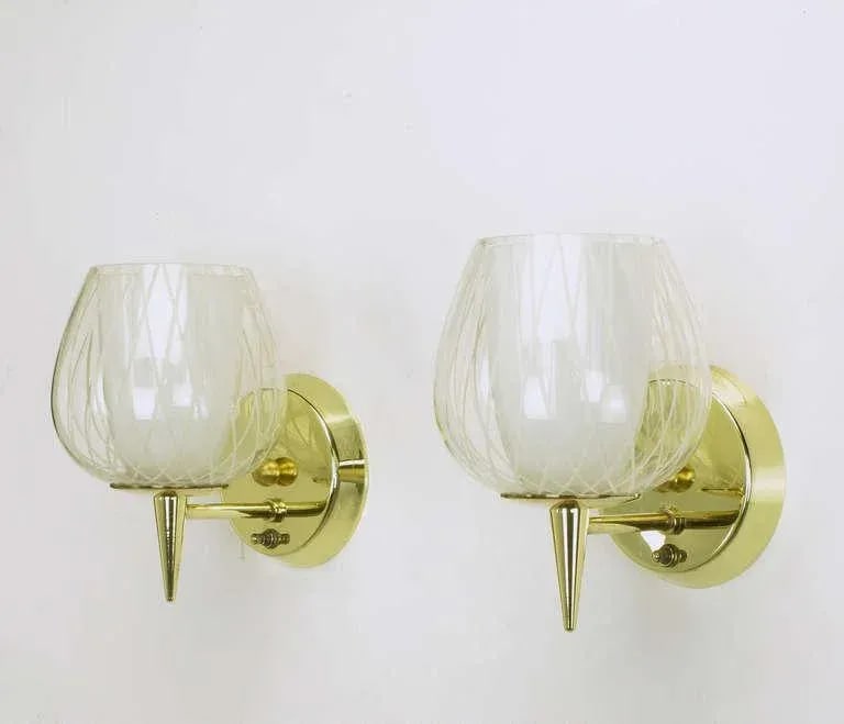 Gerald Thurston for Lightolier Etched Glass and Brass Sconces - a Pair - 5