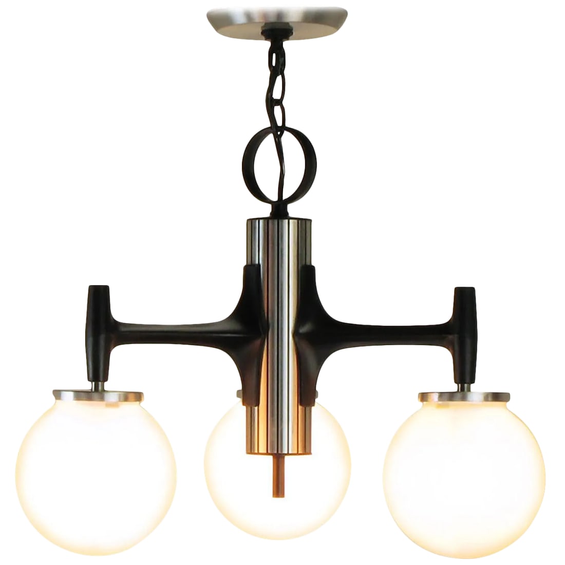 Litecraft Black Enameled and Brushed Aluminum Three-Globe Chandelier: Litecraft of California milk glass triple globe hanging light fixture. Constructed of cast and brushed aluminum. Cast and black enameled aluminum arms with brushed aluminum fitters. Center cylinder