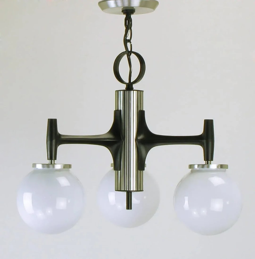 Litecraft Black Enameled and Brushed Aluminum Three-Globe Chandelier - 4