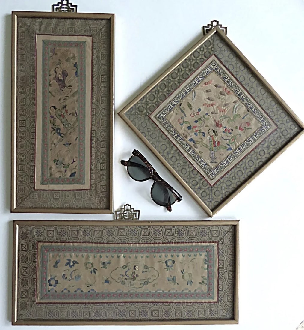 Set of 3 Asian Antique Embroidery Textile Art Framed Early 20th Century China - 12